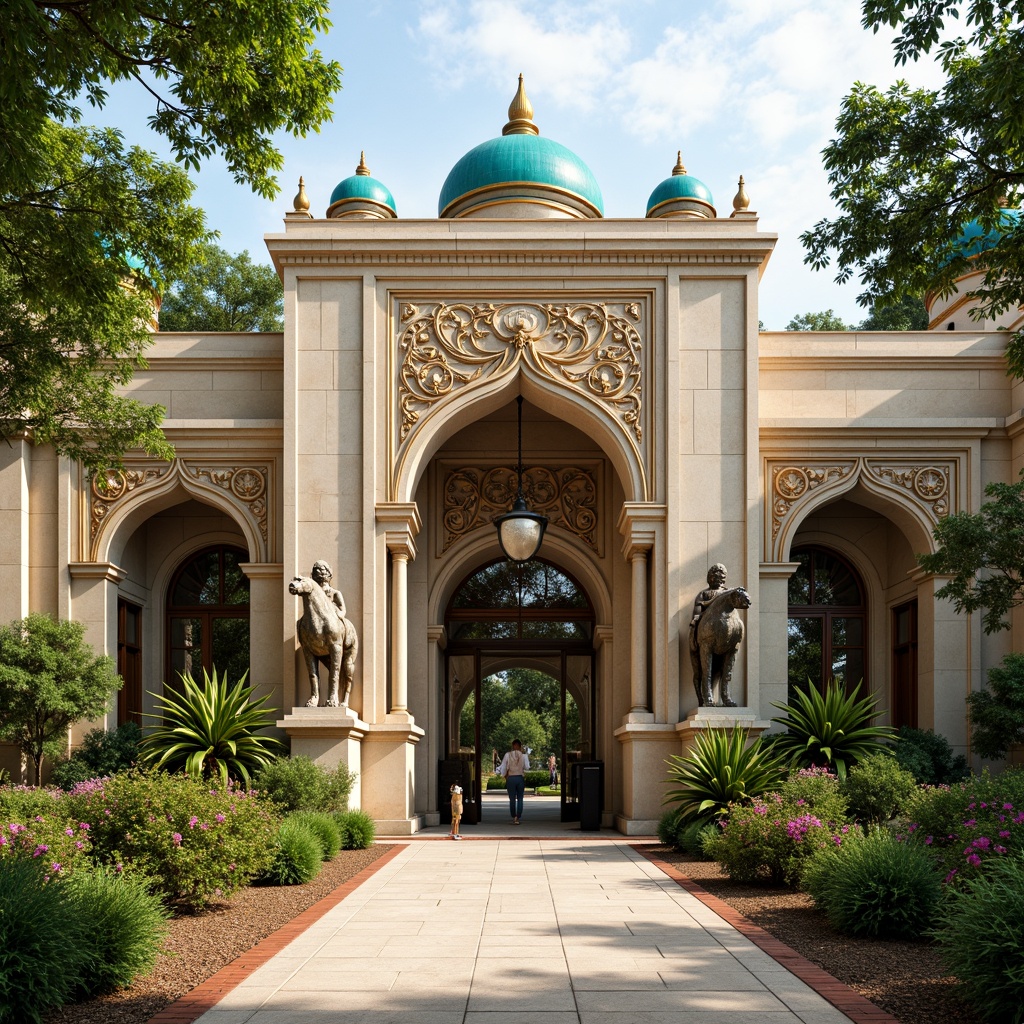 Prompt: Exotic zoo entrance, intricately carved stone facade, Byzantine-inspired arches, ornate decorations, vibrant turquoise domes, golden accents, lush greenery, tropical plants, majestic animal sculptures, intricate mosaics, warm beige stonework, grandiose columns, soft natural lighting, 1/2 composition, shallow depth of field, realistic textures, ambient occlusion.