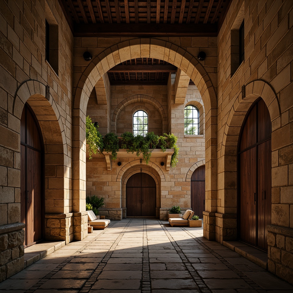 Prompt: Rustic stone walls, arched windows, ornate carvings, grand entranceways, heavy wooden doors, intricate stonework patterns, rounded towers, fortification elements, medieval-inspired design, earthy color palette, warm golden lighting, detailed textures, shallow depth of field, 2/3 composition, symmetrical framing, dramatic chiaroscuro, ambient occlusion.