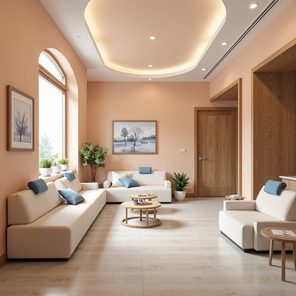 Prompt: Calming dental clinic, soft peach walls, creamy white furniture, soothing blue accents, natural wood textures, gentle curves, modern minimalist decor, comfortable waiting area, warm LED lighting, shallow depth of field, 1/1 composition, realistic render, subtle gradient effects.