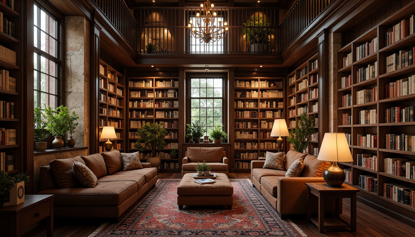 Prompt: Cozy reading nooks, wooden bookshelves, leather-bound tomes, comfortable sofas, rustic coffee tables, warm floor lamps, earthy color palette, natural stone walls, high ceilings, large windows, soft diffused lighting, shallow depth of field, 3/4 composition, realistic textures, ambient occlusion, academic atmosphere, intellectual vibe, quiet ambiance, elegant chandeliers, classic rugs, sophisticated furniture, rich wood tones.