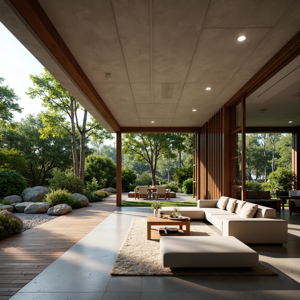 Prompt: Spacious living room, floor-to-ceiling windows, sliding glass doors, seamless indoor-outdoor transition, lush greenery, natural stone patio, wooden decking, outdoor seating area, cantilevered roof, modern minimalist design, abundant natural light, warm cozy ambiance, soft diffused lighting, shallow depth of field, 1/1 composition, realistic textures, ambient occlusion.