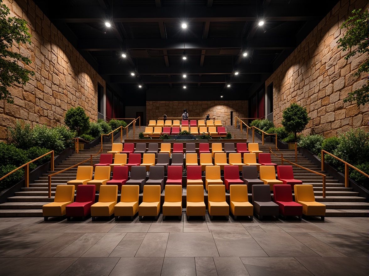 Prompt: Tiered seating, curved rows, audience-centric design, grandstand architecture, stepped platforms, raked floors, comfortable chairs, ample legroom, vibrant upholstery, decorative railings, staircases with handrails, accessible aisles, clear sightlines, unobstructed views, natural stone walls, lush greenery, warm ambient lighting, dramatic spotlights, 3/4 composition, panoramic view, realistic textures, ambient occlusion.