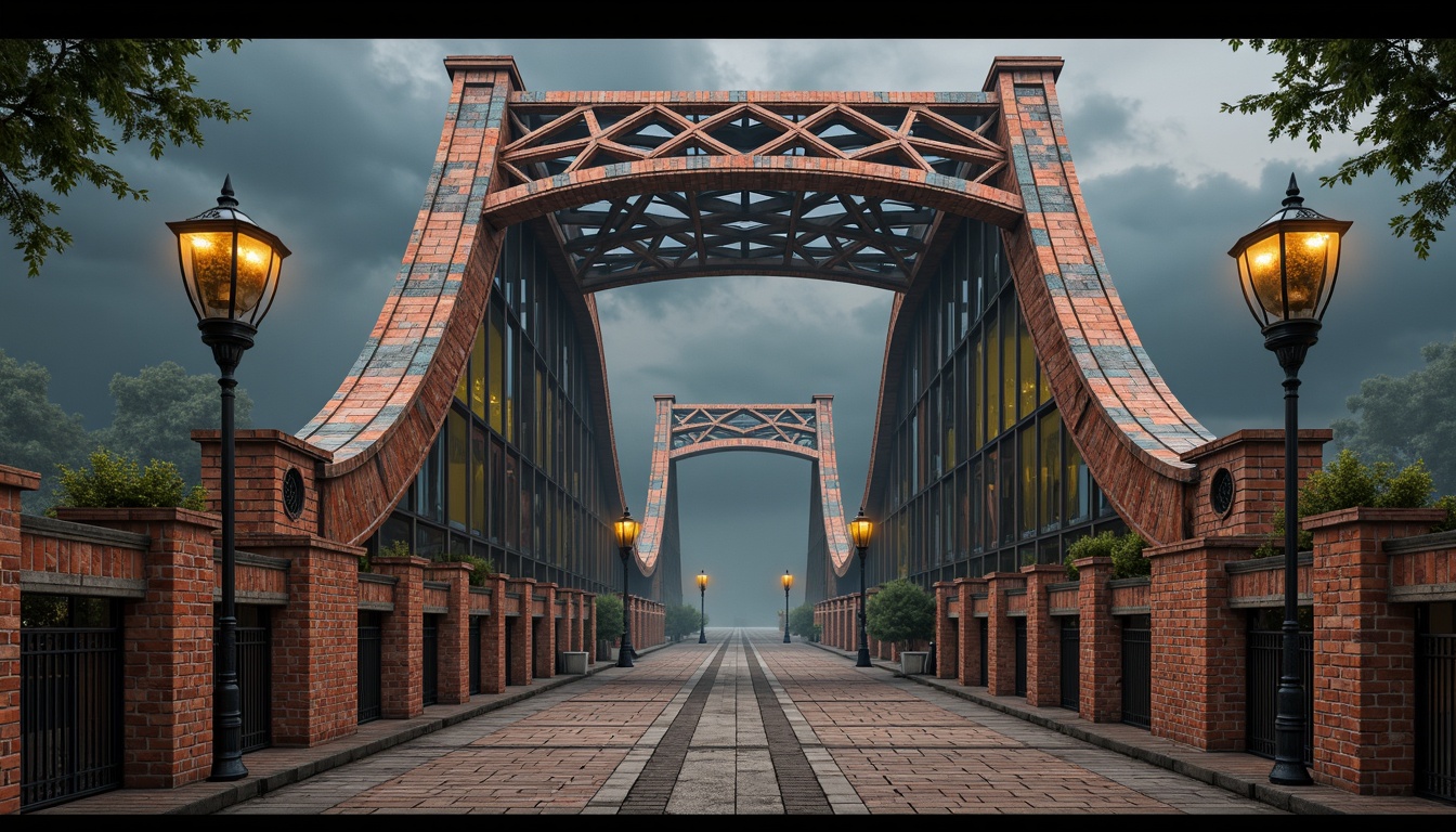 Prompt: Eclectic bridge design, intricate ironwork details, ornate lamp posts, grand arches, vibrant colored stones, rustic brick piers, sweeping curved lines, decorative trusses, eclectic mix of materials, industrial steel beams, worn wooden planks, distressed metal textures, atmospheric misty lighting, dramatic shadows, 1/2 composition, low-angle shot, realistic renderings, ambient occlusion.