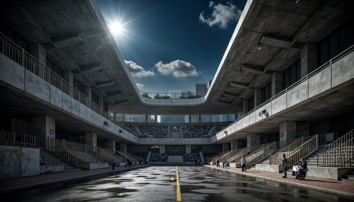 Prompt: Rugged brutalist stadium, concrete grandstands, raw steel beams, exposed ductwork, rough-hewn stone walls, industrial metal fencing, urban cityscape, dramatic nighttime lighting, strong shadows, high-contrast textures, abstract geometric forms, monumental scale, imposing structure, functional simplicity, utilitarian aesthetic, bold graphic patterns, weathered materiality, distressed finishes, atmospheric misting effects, wide-angle lens, low-angle composition.