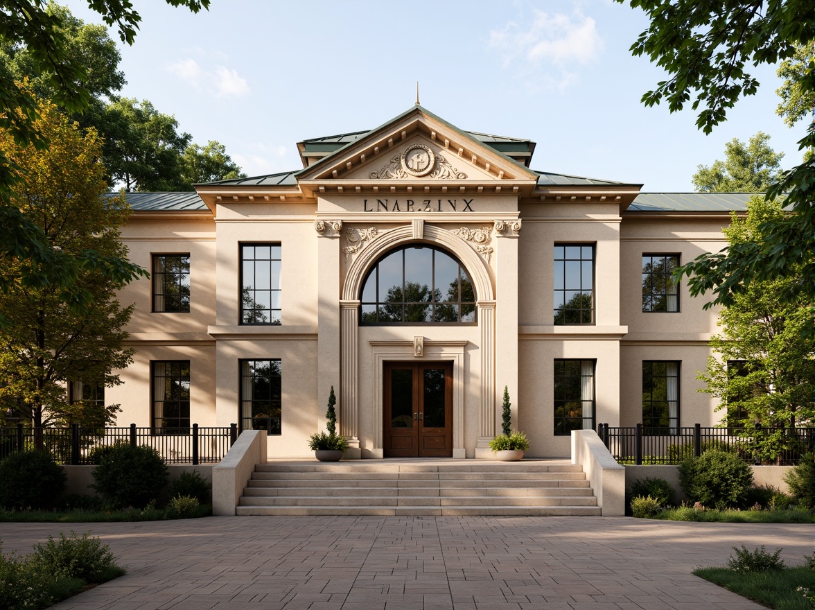 Prompt: Elegant library facade, classic academic style, symmetrical composition, ornate stone carvings, grand entrance arches, large windows with divided lites, copper roofing, intricate stonework patterns, lush greenery, mature trees, tranquil atmosphere, soft natural light, warm beige tones, rustic brick walls, modern minimalist accents, subtle texture variations, shallow depth of field, 1/1 composition, realistic rendering.