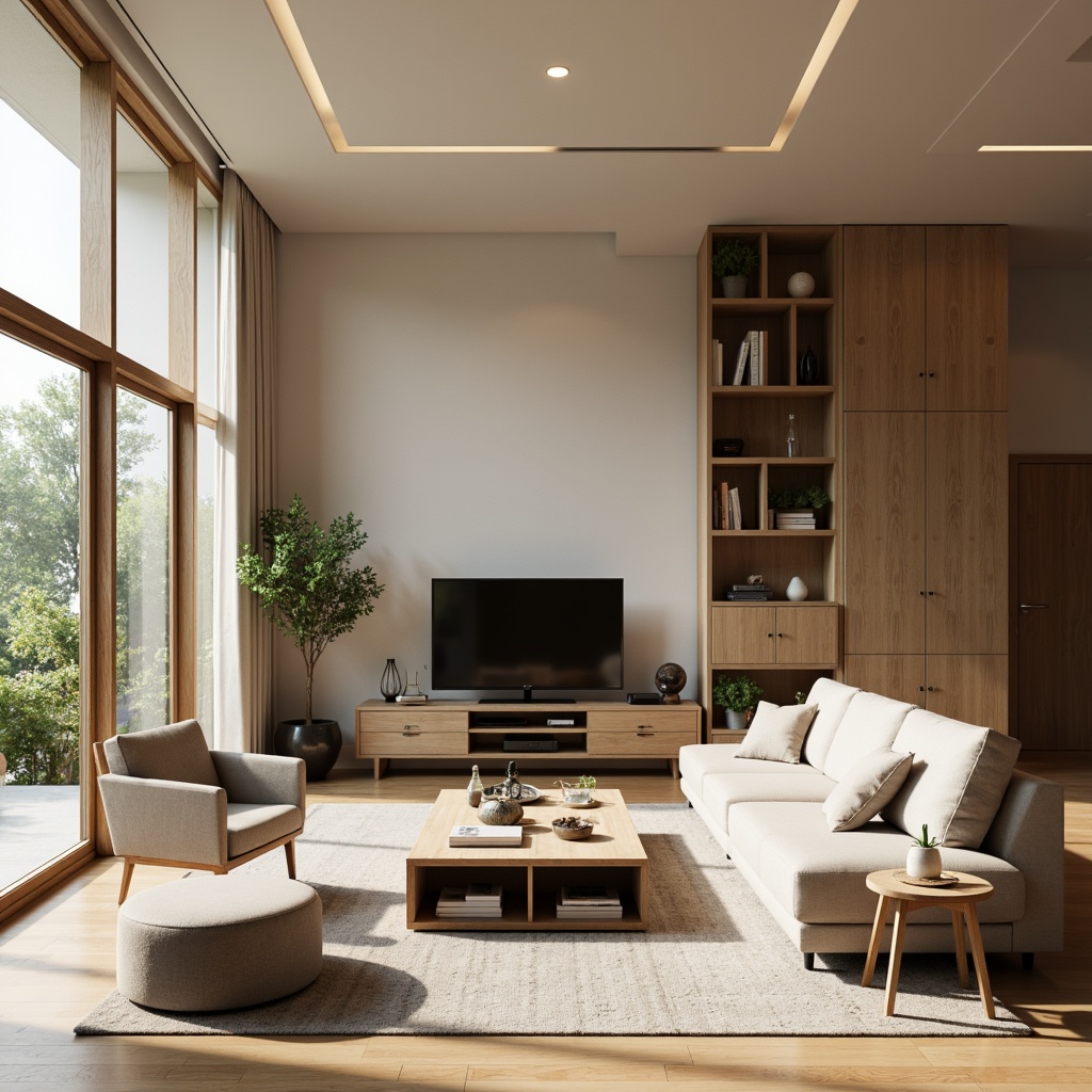 Prompt: Minimalist living room, sleek modern furniture, compact storage solutions, multi-functional shelving units, space-saving coffee table, floor-to-ceiling windows, natural light pouring in, soft beige walls, polished wood flooring, concealed LED lighting, 1/2 composition, shallow depth of field, warm cozy ambiance, comfortable seating arrangement.