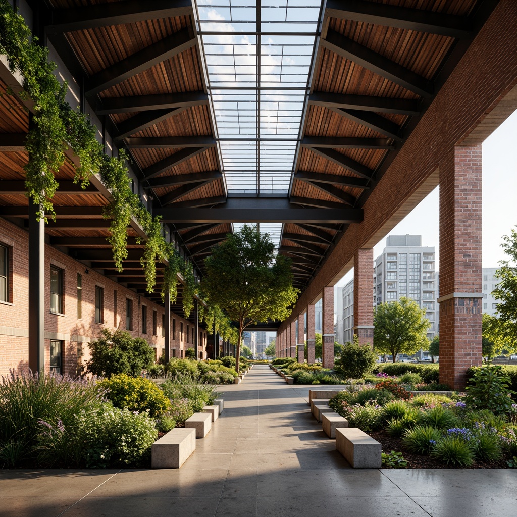 Prompt: Industrial warehouse, exposed brick walls, metallic beams, reclaimed wood accents, living green walls, rooftop gardens, solar panels, wind turbines, natural ventilation systems, rainwater harvesting, gray water reuse, energy-efficient LED lighting, minimalist interior design, polished concrete floors, recycled material usage, adaptive reuse, urban agricultural spaces, vibrant street art, eclectic mix of old and new, warm atmospheric lighting, shallow depth of field, 3/4 composition, panoramic view, realistic textures, ambient occlusion.