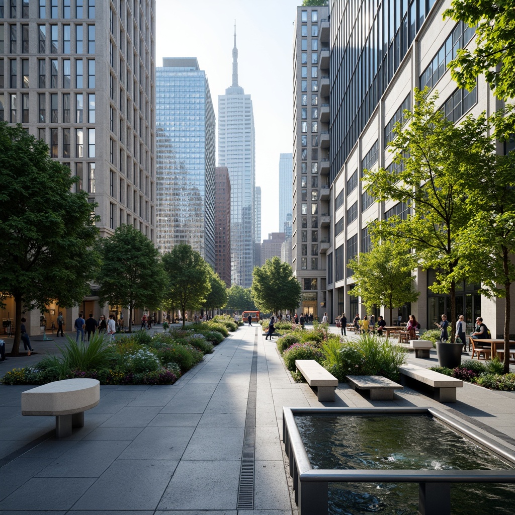 Prompt: Urban skyscrapers, modern cityscape, lush green roofs, vibrant street art, pedestrian walkways, decorative fountains, urban furniture, stainless steel benches, concrete planters, geometric patterns, ambient lighting, softbox shadows, 1/1 composition, high-angle shot, realistic reflections, depth of field, atmospheric perspective.