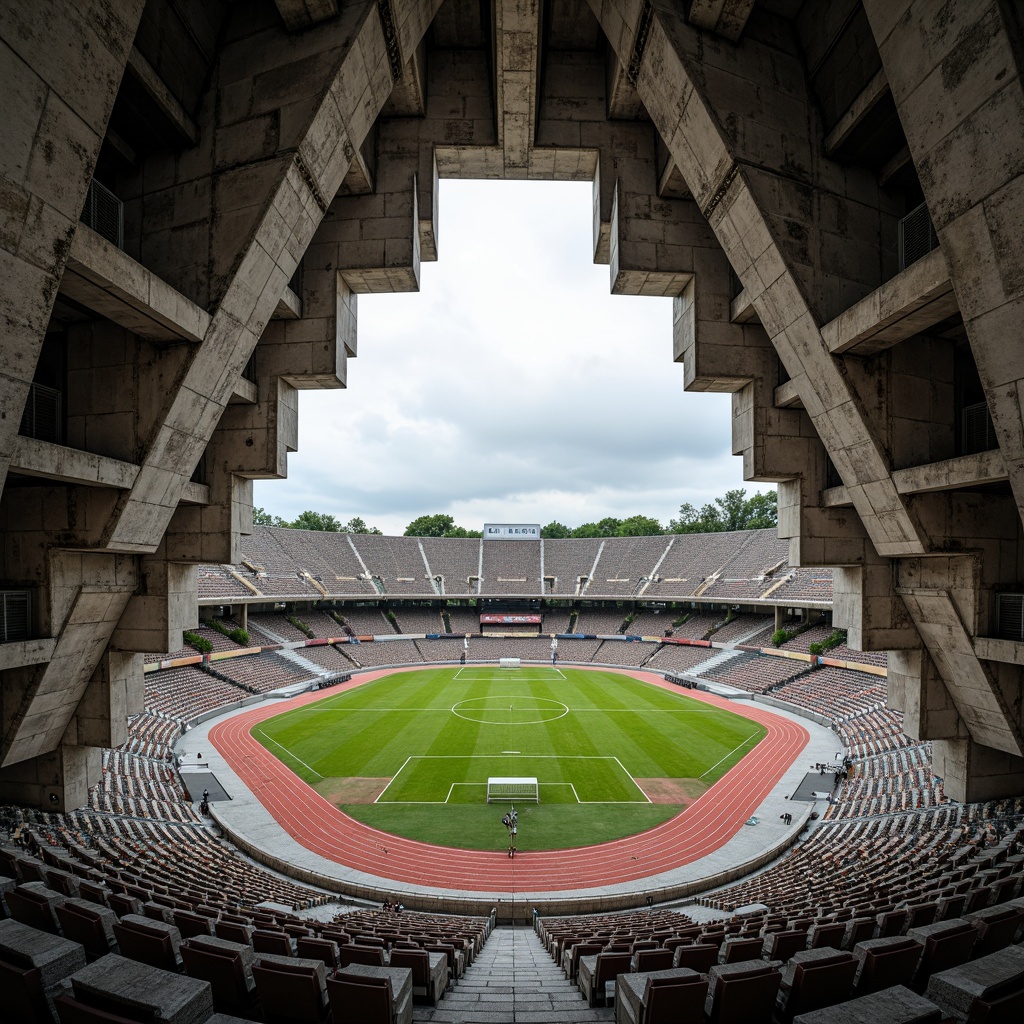 Prompt: Rugged concrete stadium, brutalist architecture, exposed ductwork, raw steel beams, rough-hewn stone walls, angular lines, fortress-like structure, grandstand seating, vibrant athletic track, lush green football field, industrial-style lighting, harsh shadows, dramatic contrast of materials, weathered metal accents, bold geometric forms, monumental scale, overcast skies, high-contrast photography, symmetrical composition, graphic textures.