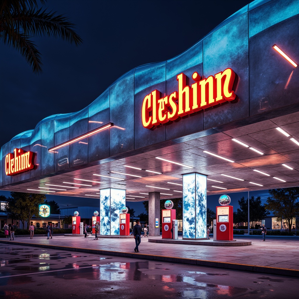 Prompt: Undulating gas station, curvaceous roofs, iridescent colors, futuristic blobs, organic shapes, neon lights, retro-futuristic aesthetic, sleek metallic surfaces, bold typography, dynamic angles, abstract patterns, atmospheric misting, warm ambient lighting, shallow depth of field, 1/1 composition, panoramic view, realistic reflections, soft focus effect.