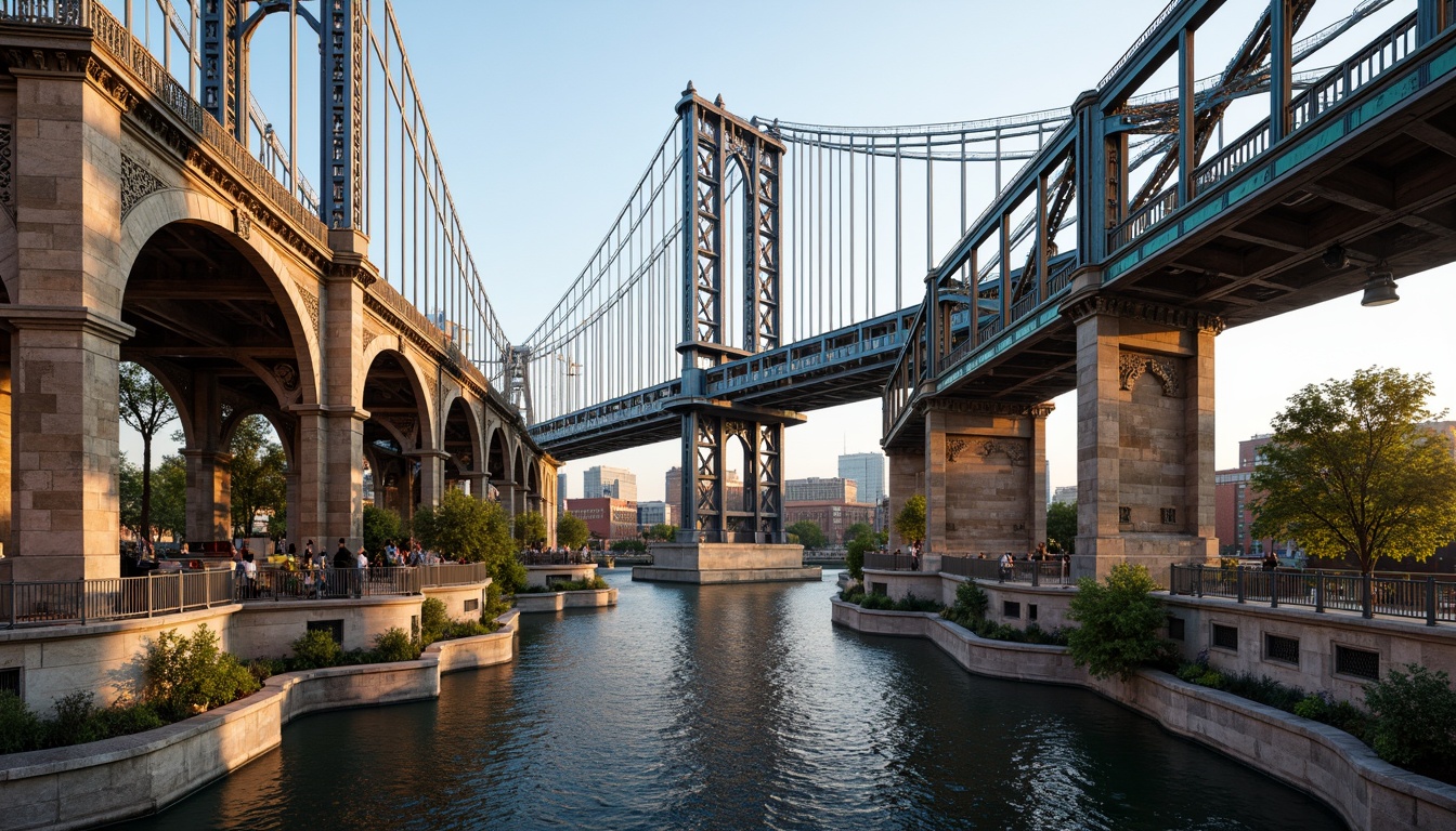 Prompt: Vibrant eclectic bridges, ornate metal trusses, grand arches, sturdy stone piers, intricate ironwork railings, colorful glazed tiles, textured concrete decks, dynamic cable-stayed systems, majestic suspension towers, scenic pedestrian walkways, lively urban landscapes, sunny afternoon light, soft warm glow, shallow depth of field, 3/4 composition, panoramic view, realistic textures, ambient occlusion.