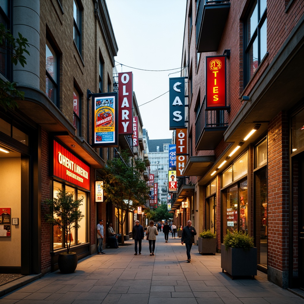 Prompt: Vibrant commercial street, eclectic storefronts, bold signage, ornate facades, Art Deco patterns, geometric motifs, neon lights, glass brick walls, industrial metal accents, reclaimed wood textures, urban jungle atmosphere, bustling crowd, warm golden lighting, shallow depth of field, 1/1 composition, realistic reflections, ambient occlusion.