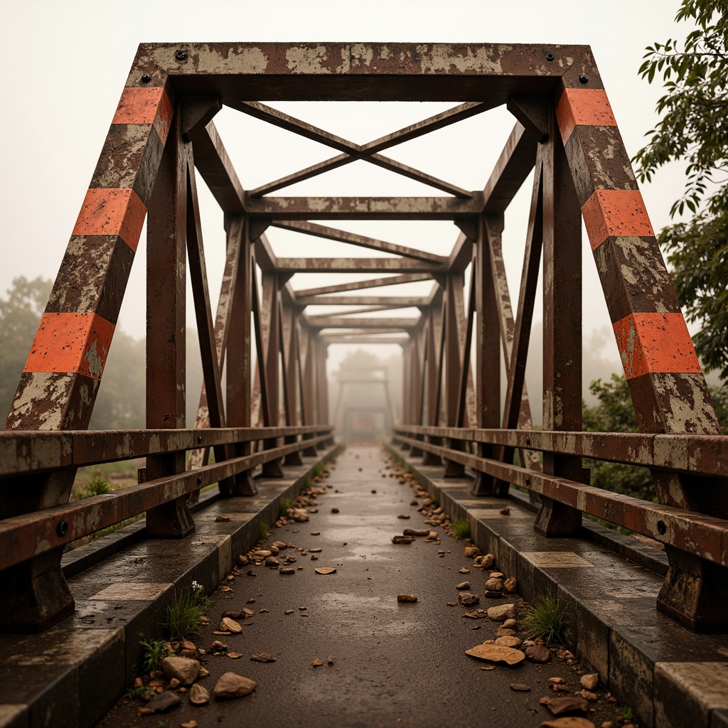 Prompt: Rustic steel bridge, industrial aesthetic, weathered metal textures, earthy tones, warm beige colors, rich brown hues, vibrant orange accents, bold red stripes, subtle gray undertones, natural stone foundations, misty atmospheric effects, soft warm lighting, shallow depth of field, 1/1 composition, realistic reflections, ambient occlusion.