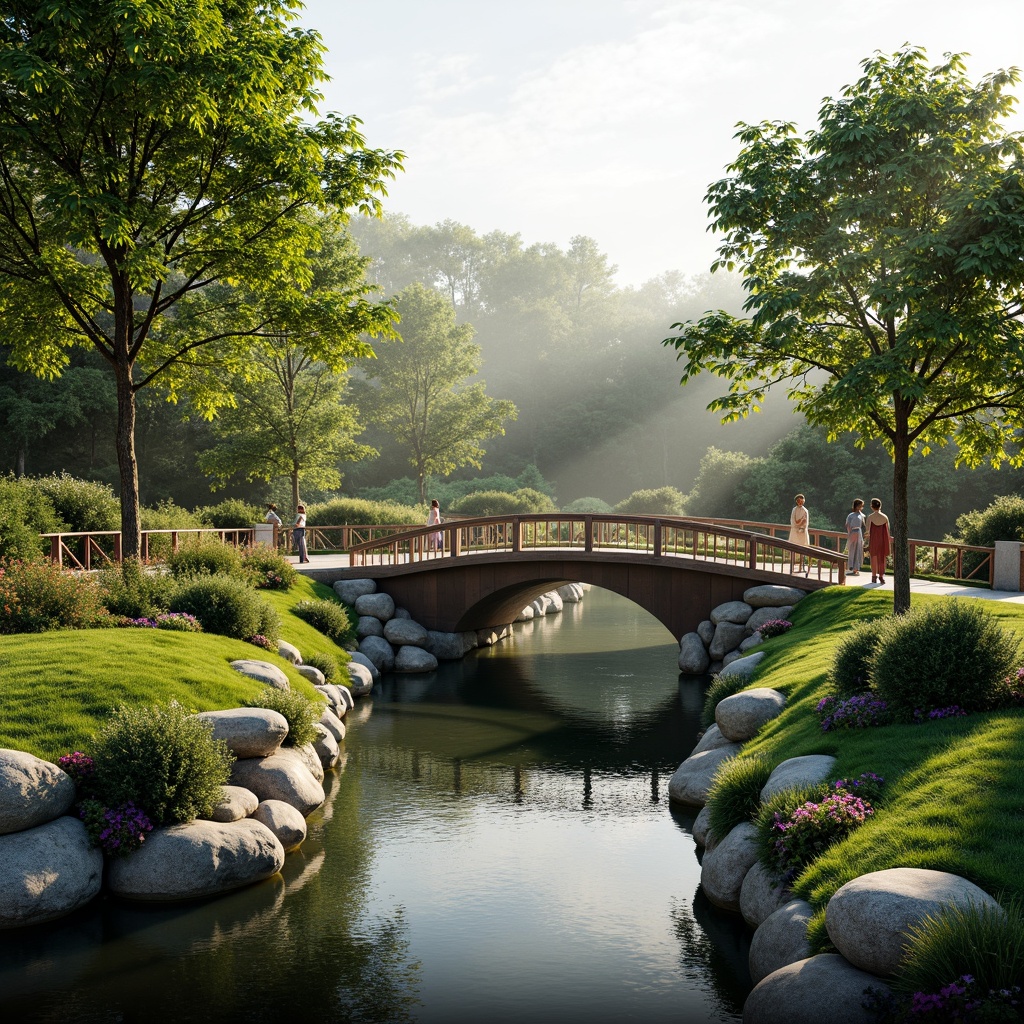 Prompt: Curved bridge structure, lush greenery, organic shapes, natural stone foundations, wooden railings, vibrant flower arrangements, soft grassy slopes, meandering water features, serene lake reflections, misty morning atmosphere, warm sunlight filtering, shallow depth of field, 1/2 composition, panoramic view, realistic textures, ambient occlusion, sustainable materials, eco-friendly design.