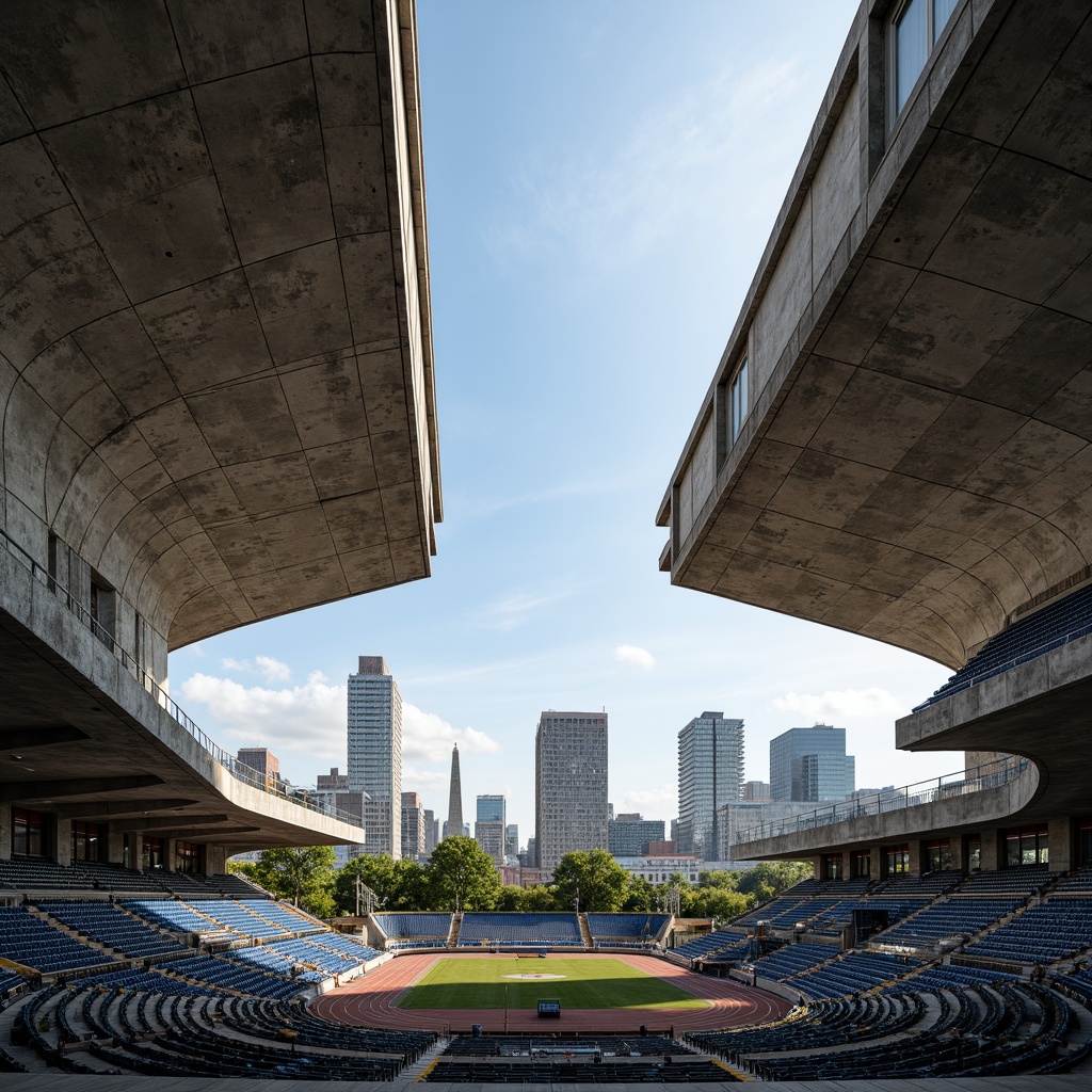 Prompt: Exposed concrete stadium, brutalist architecture, rugged textures, raw finishes, industrial aesthetic, monumental scale, dynamic curves, sweeping arches, cantilevered roofs, grand entrances, athletic tracks, sports facilities, natural light, dramatic shadows, high-contrast lighting, bold color schemes, urban landscape, city skyline views, elevated vantage points, panoramic vistas, 1/2 composition, low-angle photography, realistic rendering.