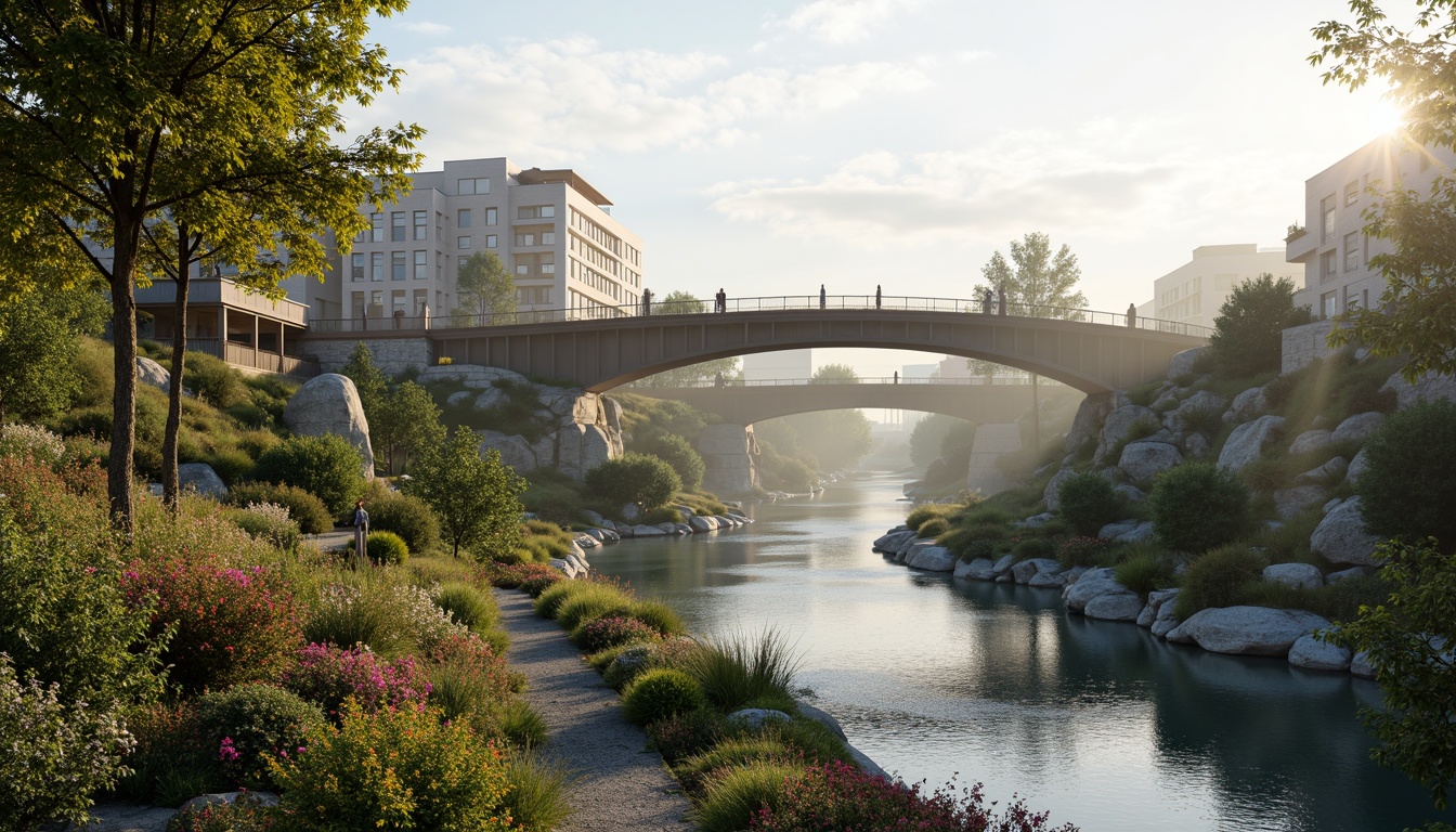 Prompt: Curved bridge silhouette, natural stone foundations, living walls, green roofs, organic shapes, flowing water features, serene river surroundings, misty morning atmosphere, soft warm lighting, shallow depth of field, 3/4 composition, panoramic view, realistic textures, ambient occlusion, eco-friendly materials, recycled metal structures, minimal carbon footprint, energy-harvesting systems, solar panels, wind turbines, innovative drainage solutions, permeable pavement, native plant species, vibrant colorful blooms, intricate wooden details, futuristic yet organic design.