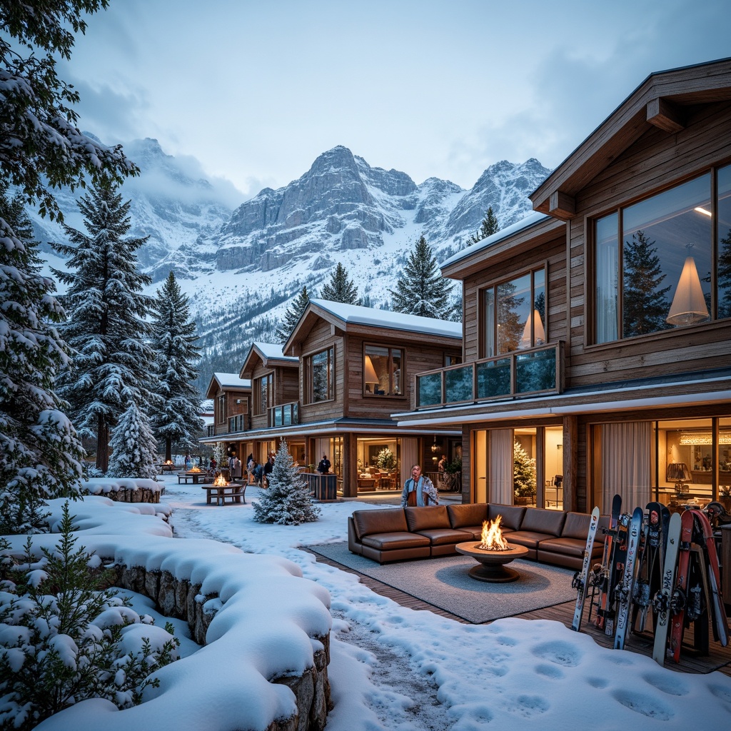 Prompt: Snow-capped mountains, rustic wooden buildings, warm inviting lodges, snowflake-patterned roofs, icy blue windows, frosted glass doors, wooden ski racks, vintage ski equipment, cozy fireplaces, plush leather sofas, natural stone walls, earthy tone color scheme, warm golden lighting, shallow depth of field, 3/4 composition, panoramic view, realistic textures, ambient occlusion.