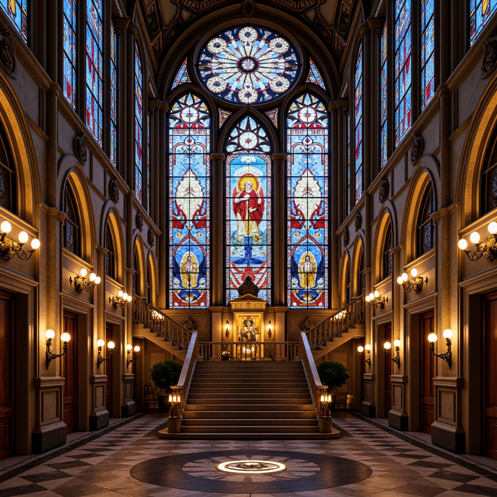 Prompt: Intricate stained glass windows, ornate Baroque architecture, vibrant colorful patterns, religious symbolism, dramatic lighting effects, grandiose entrance halls, sweeping staircases, opulent chandeliers, marble floors, ornamental furnishings, golden accents, mystical ambiance, warm soft illumination, 1/2 composition, symmetrical framing, realistic textures, ambient occlusion.