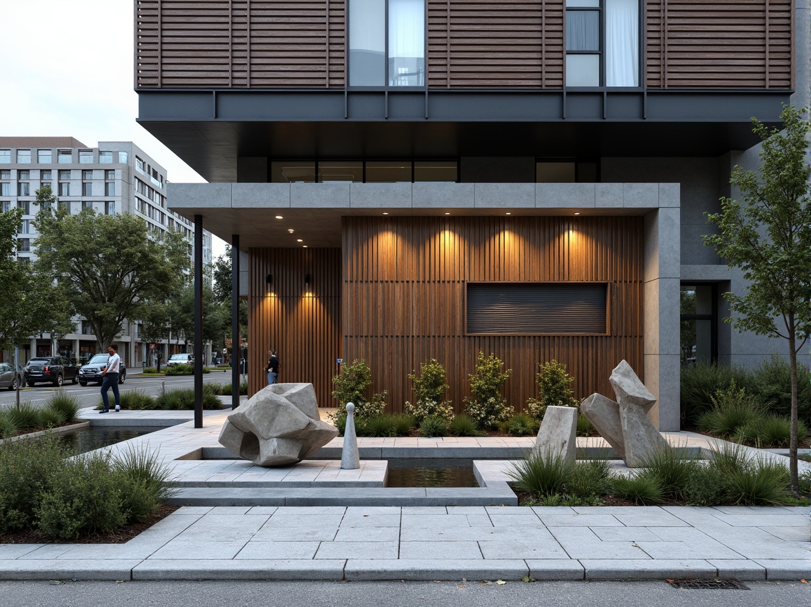 Prompt: Geometric dental clinic, industrial chic fa\u00e7ade, metallic accents, urban landscape, concrete pavement, angular plants, minimalist water features, modern sculptures, abstract art installations, brutalist architecture, rectangular windows, steel beams, exposed ductwork, functional lighting, 3/4 composition, shallow depth of field, realistic textures, ambient occlusion.