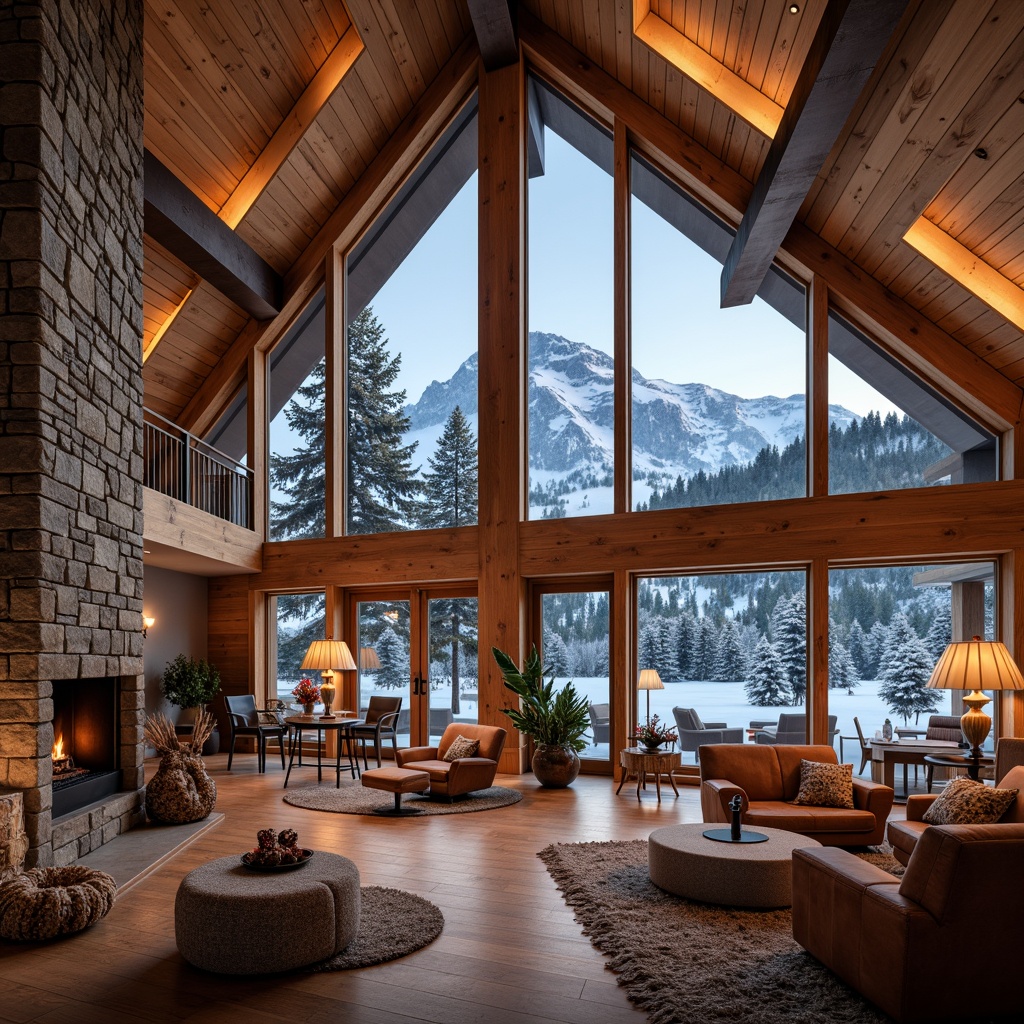 Prompt: Cozy ski lodge interior, wooden accents, warm lighting, plush furniture, rustic decorations, functional layout, efficient circulation paths, modern amenities, comfortable seating areas, fireplaces, stone walls, large windows, breathtaking mountain views, snowy outdoor scenery, frosty mornings, soft natural textures, 3/4 composition, shallow depth of field, realistic reflections.