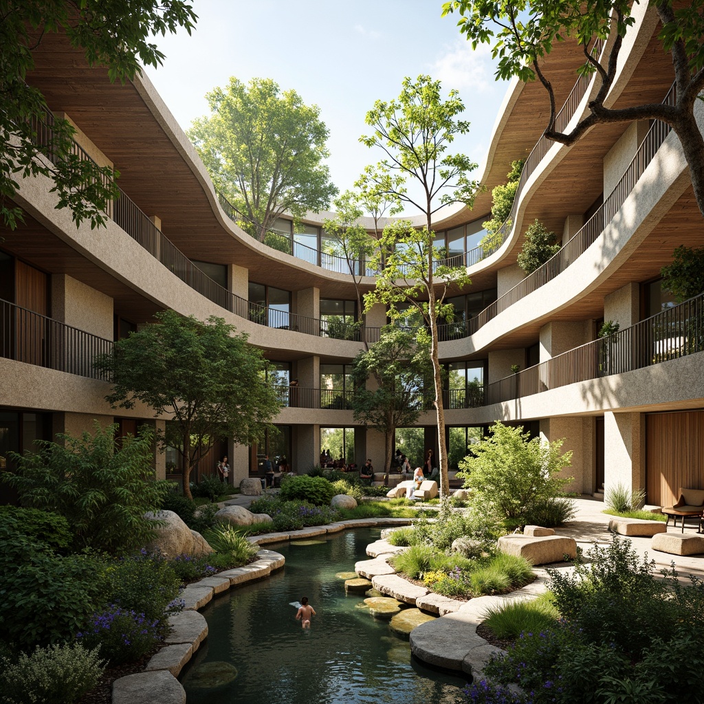 Prompt: Organic building facade, living walls, green roofs, natural stone cladding, reclaimed wood accents, earthy color palette, airy atriums, interior gardens, water features, koi ponds, bamboo flooring, organic shapes, curved lines, minimal ornamentation, seamless transitions, blurred boundaries, lush vegetation, thriving plants, sunny skylights, soft diffused light, warm ambiance, peaceful atmosphere, biophilic design, sustainable materials, eco-friendly systems, rainwater harvesting, grey water reuse.