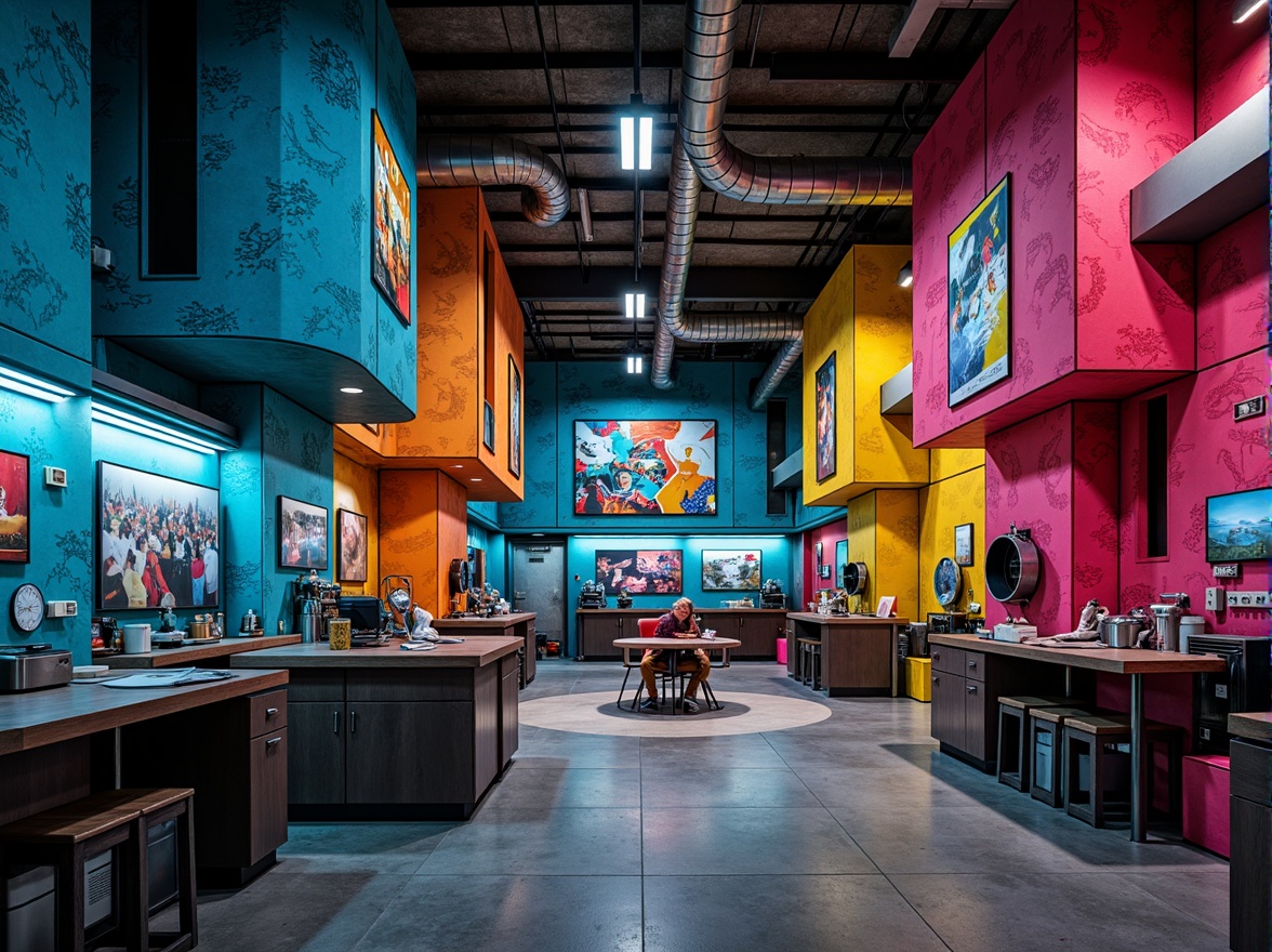 Prompt: Vibrant laboratory, expressionist architecture, irregular facades, fragmented forms, abstract patterns, bold color blocks, contrasting textures, metallic materials, industrial pipes, exposed ductwork, futuristic equipment, neon lights, eerie ambiance, high-contrast lighting, dramatic shadows, 3/4 composition, wide-angle lens, shallow depth of field, cinematic mood.