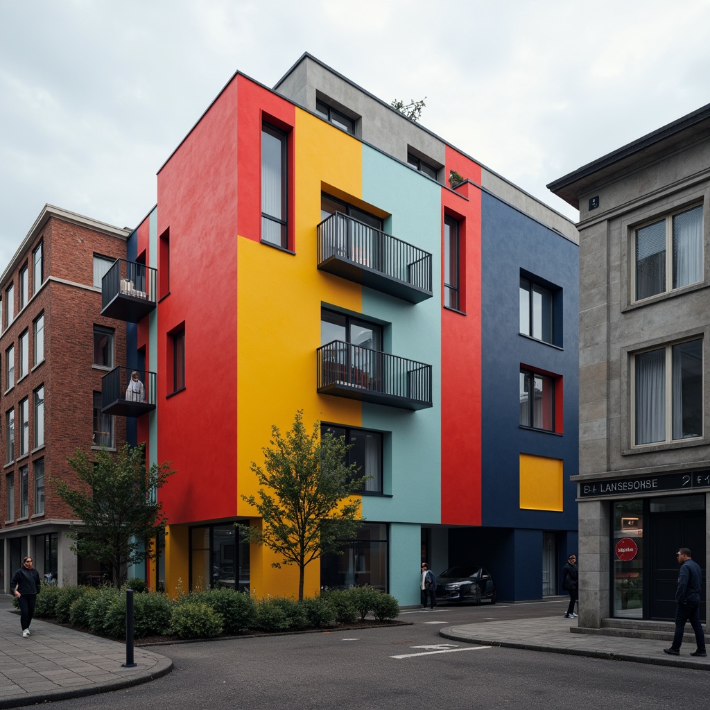 Prompt: Geometric buildings, bold color blocking, primary colors, industrial materials, functional design, minimalist aesthetic, clean lines, rectangular forms, urban landscape, overcast sky, dramatic shadows, high contrast lighting, 3/4 composition, graphic textures, abstract patterns.