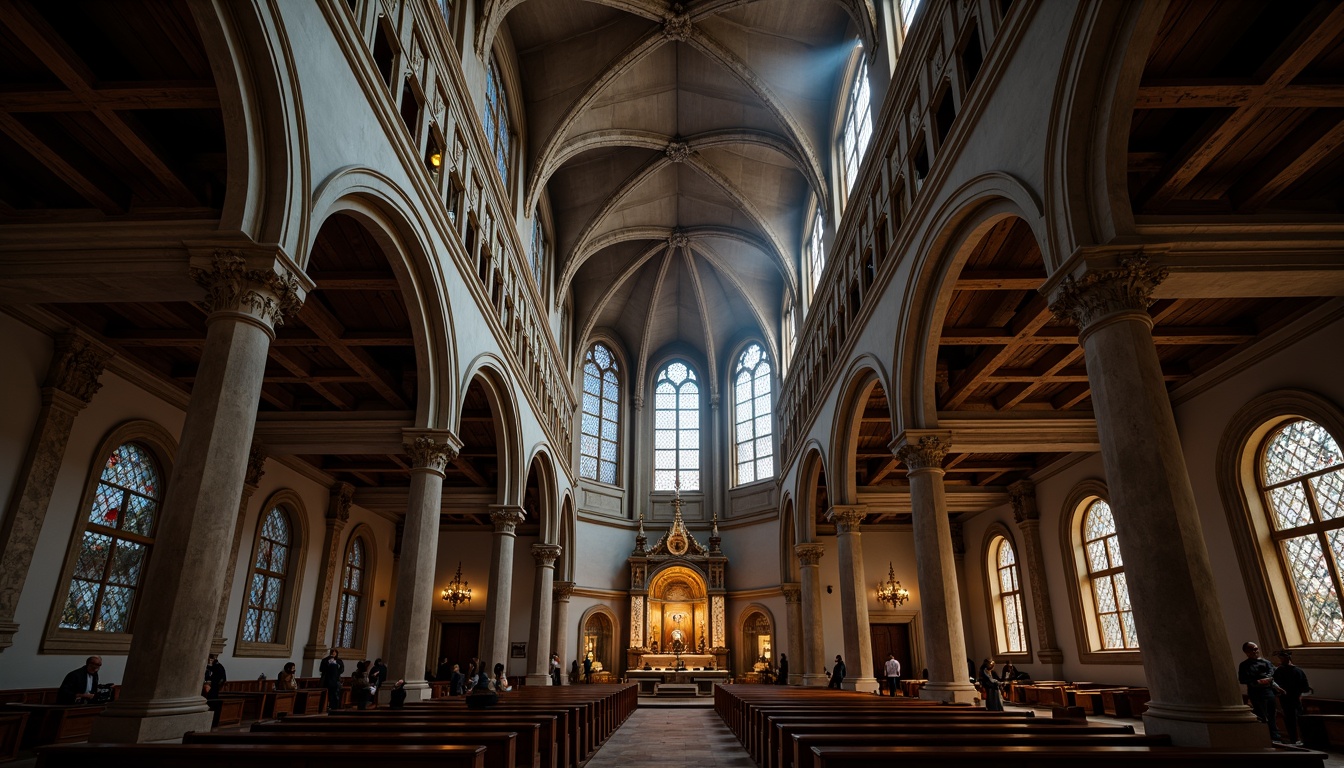 Prompt: Grand cathedral interior, high vaulted ceiling, rounded arches, ornate columns, intricate carvings, stained glass windows, dim warm lighting, ornamental furnishings, lavish decorations, grandiose scale, symmetrical composition, central nave, side aisles, apse, altar, pulpit, pews, stone flooring, marble walls, rustic wooden beams, dramatic shadows, atmospheric mist, 1/1 composition, realistic textures, ambient occlusion.