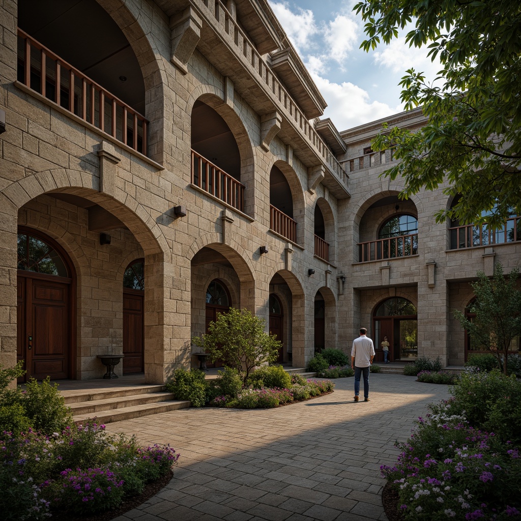 Prompt: Rustic memorial center, Romanesque style, stone walls, arches, domes, ornate carvings, grand entrance, heavy wooden doors, intricate stone patterns, vaulted ceilings, stained glass windows, dramatic lighting, solemn ambiance, peaceful courtyard, lush greenery, blooming flowers, natural stone walkways, historic atmosphere, warm color palette, subtle textures, atmospheric rendering, cinematic composition, detailed ornaments.