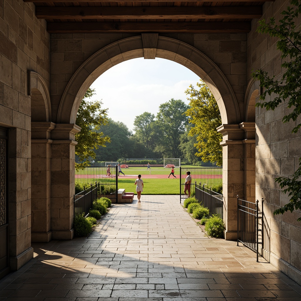 Prompt: Rustic stone walls, arched entrance gates, grandiose columns, ornate ironwork fences, lush green grass, athletic tracks, soccer goalposts, tennis courts, basketball hoops, volleyball nets, bleacher seating areas, natural stone paving, weathered wood accents, earthy color palette, warm afternoon sunlight, soft shadowing, 1/2 composition, symmetrical framing, atmospheric perspective, realistic textures.