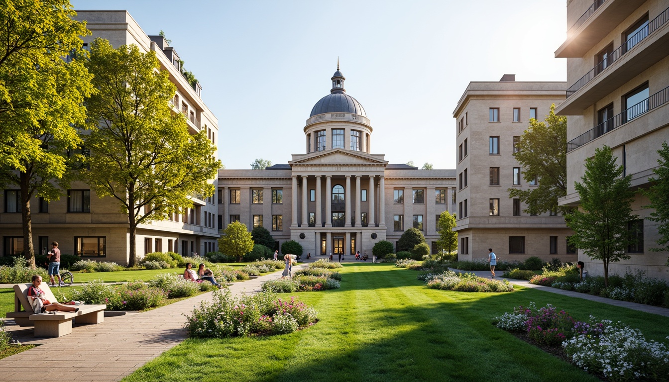 Prompt: Courthouse building, neoclassical architecture, grand entrance, columns, dome roof, natural stone walls, manicured lawn, walking paths, blooming flowers, mature trees, vibrant greenery, sunny day, soft warm lighting, shallow depth of field, 3/4 composition, panoramic view, realistic textures, ambient occlusion, integrated landscape design, outdoor seating areas, water features, public art installations, pedestrian-friendly spaces, accessible walkways.