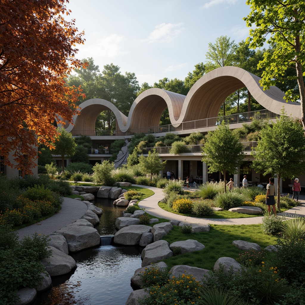 Prompt: Curved bridge structure, lush greenery, organic shapes, natural stone walls, wooden accents, flowing water features, serene river views, vibrant flowering plants, rustic metal railings, winding pedestrian paths, soft warm lighting, misty morning atmosphere, 1/2 composition, intimate focus, realistic textures, ambient occlusion.