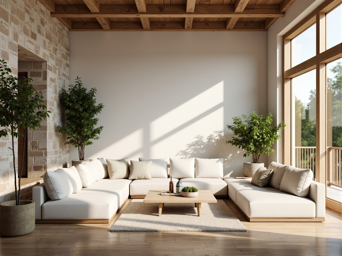 Prompt: Minimalist living room, natural stone walls, large windows, soft warm lighting, subtle shadows, plain white furniture, low-profile sofa, minimalist decor, greenery accents, potted plants, wooden flooring, neutral color palette, airy atmosphere, 1/1 composition, shallow depth of field, realistic textures, ambient occlusion.Please let me know if this meets your expectations!