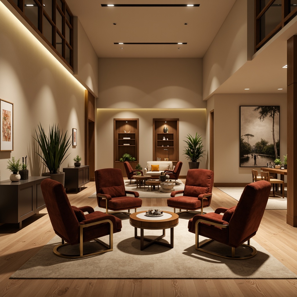 Prompt: Elegant lounge chairs, plush velvet upholstery, metallic accents, ambient warm lighting, spacious open floor plan, minimalist decor, natural wood flooring, cream-colored walls, comfortable cushions, adjustable armrests, reclining mechanisms, ergonomic design, soothing color palette, subtle textures, 1/1 composition, softbox lighting, shallow depth of field.