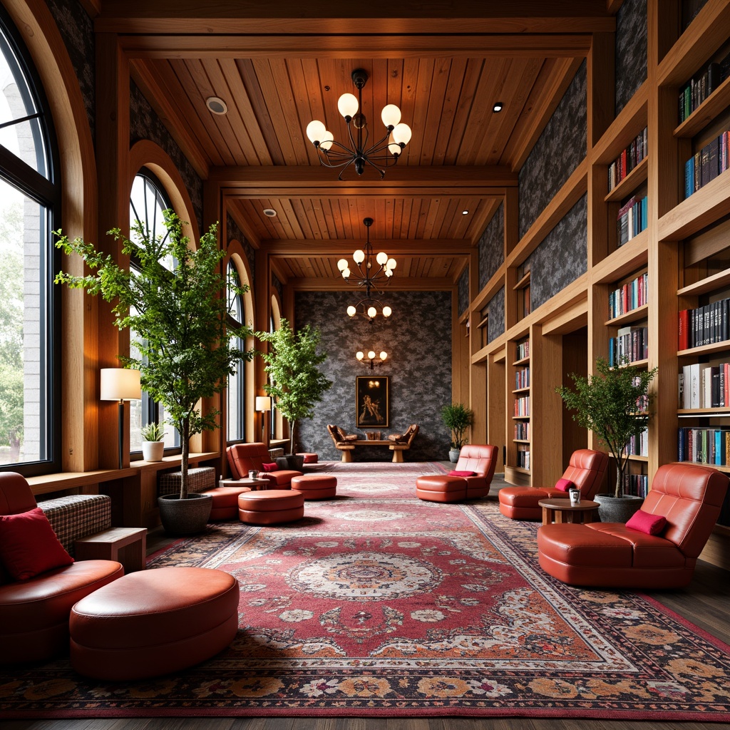 Prompt: Vibrant library interior, warm wood accents, cozy reading nooks, plush carpeting, rich leather armchairs, eclectic bookshelves, whimsical decorative lighting, bold color blocking, stimulating artwork, lively patterned rugs, comfortable seating areas, natural stone walls, floor-to-ceiling windows, soft diffused lighting, shallow depth of field, 1/2 composition, realistic textures, ambient occlusion.