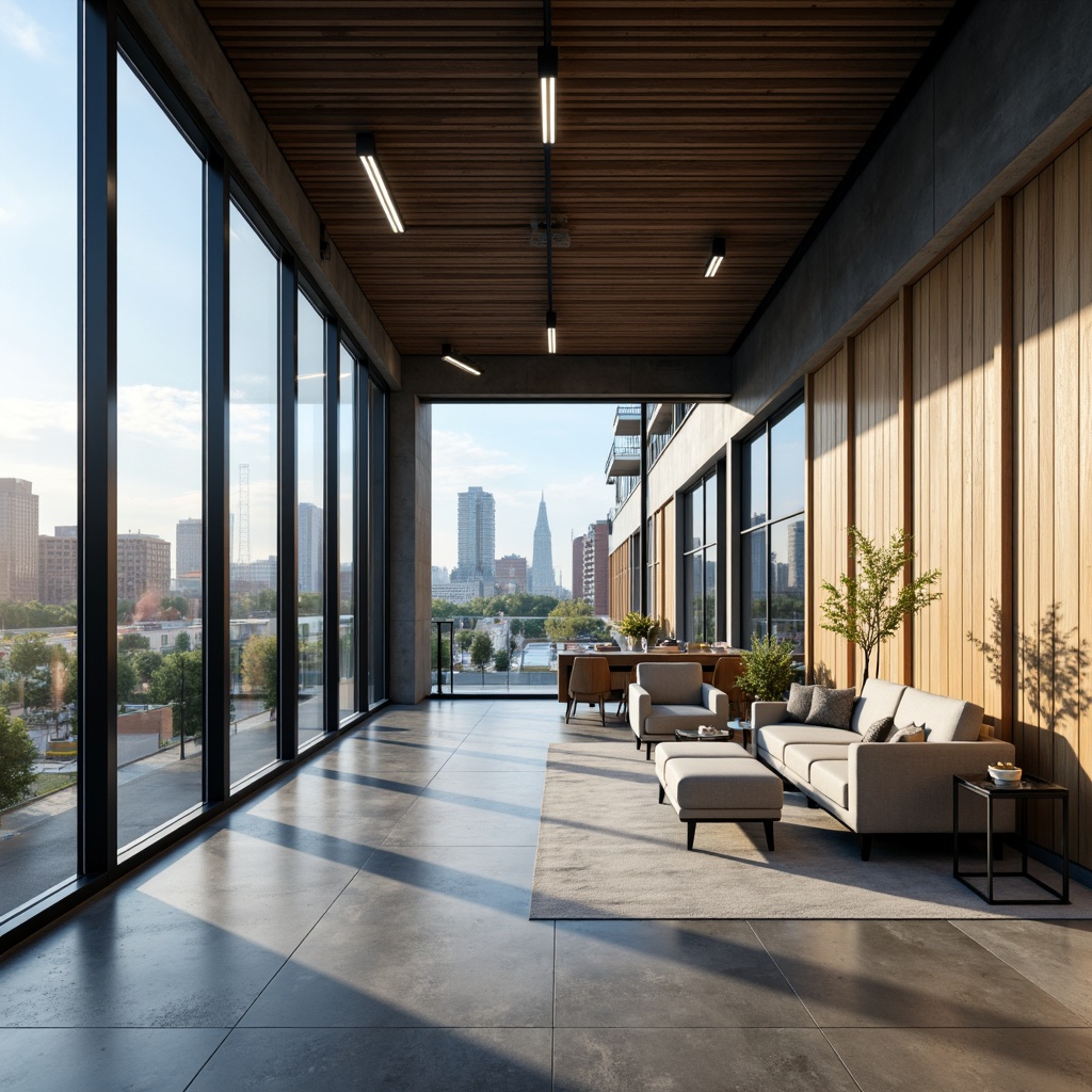 Prompt: Clean lines, minimal ornamentation, rectangular forms, steel frames, floor-to-ceiling windows, sliding glass doors, industrial chic decor, polished concrete floors, modern furniture, sleek lighting fixtures, neutral color palette, urban cityscape views, morning sunlight, softbox lighting, shallow depth of field, 1/2 composition, realistic materials, ambient occlusion.