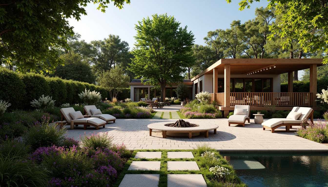 Prompt: Inviting backyard oasis, lush greenery, vibrant flowers, comfortable outdoor furniture, cozy fire pit, twinkling string lights, natural stone pathways, wooden deck, modern pergola, serene water features, refreshing pool, sunny day, warm soft lighting, shallow depth of field, 3/4 composition, panoramic view, realistic textures, ambient occlusion.