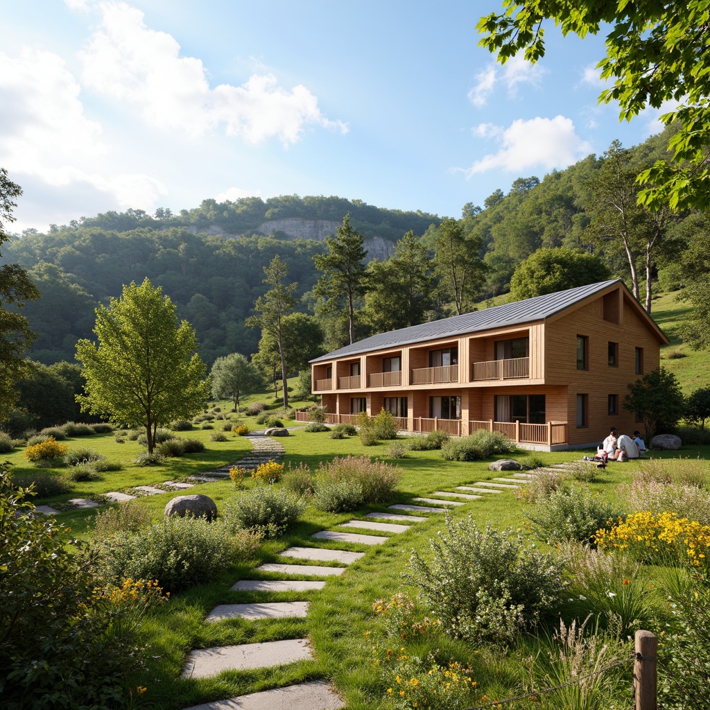 Prompt: Cozy dormitory building, rolling hills, lush green grass, vibrant wildflowers, meandering stone pathways, wooden benches, rustic fences, natural wood accents, earthy color palette, warm sunny day, soft diffused lighting, shallow depth of field, 3/4 composition, panoramic view, realistic textures, ambient occlusion.