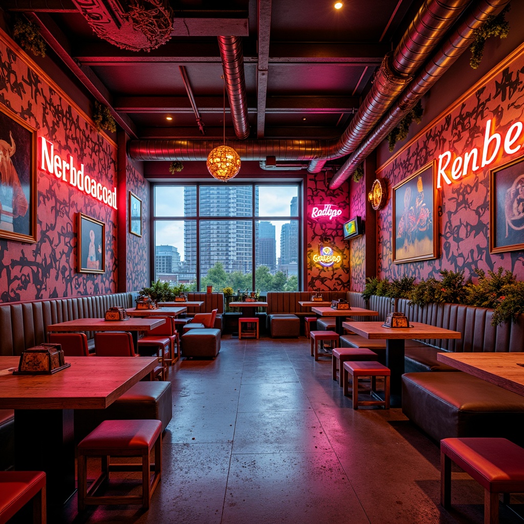 Prompt: Vibrant pub interior, eclectic postmodern decor, bold bright colors, neon signs, retro-futuristic furniture, distressed wood accents, industrial metal beams, graffiti-inspired murals, urban cityscape views, warm golden lighting, shallow depth of field, 1/2 composition, realistic textures, ambient occlusion.