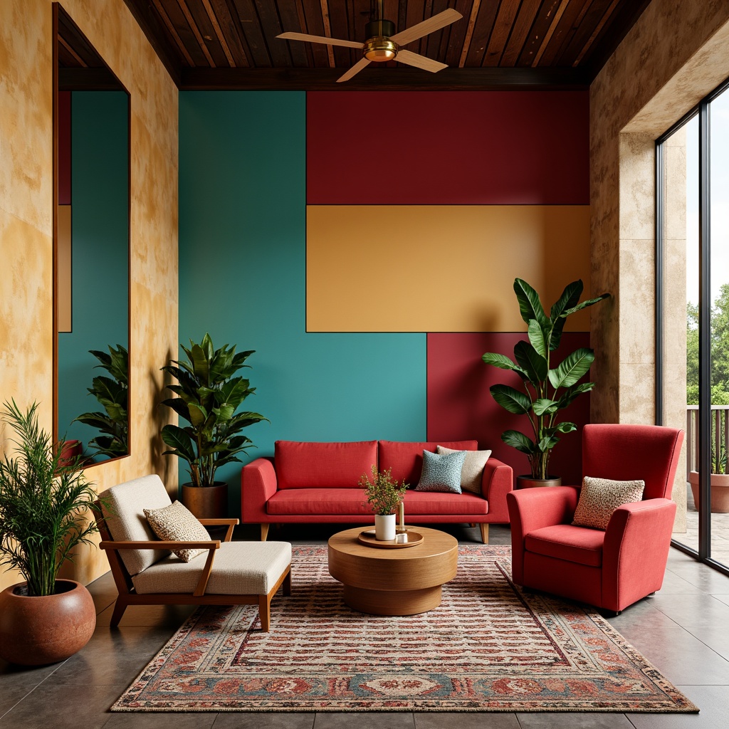 Prompt: Vibrant modern interior, eclectic furniture pieces, bold color blocking, warm beige walls, rich turquoise accents, deep crimson undertones, metallic gold fixtures, sleek glass surfaces, natural wood textures, bohemian-inspired patterns, intricate geometric shapes, ambient soft lighting, shallow depth of field, 1/1 composition, realistic renderings, atmospheric effects.