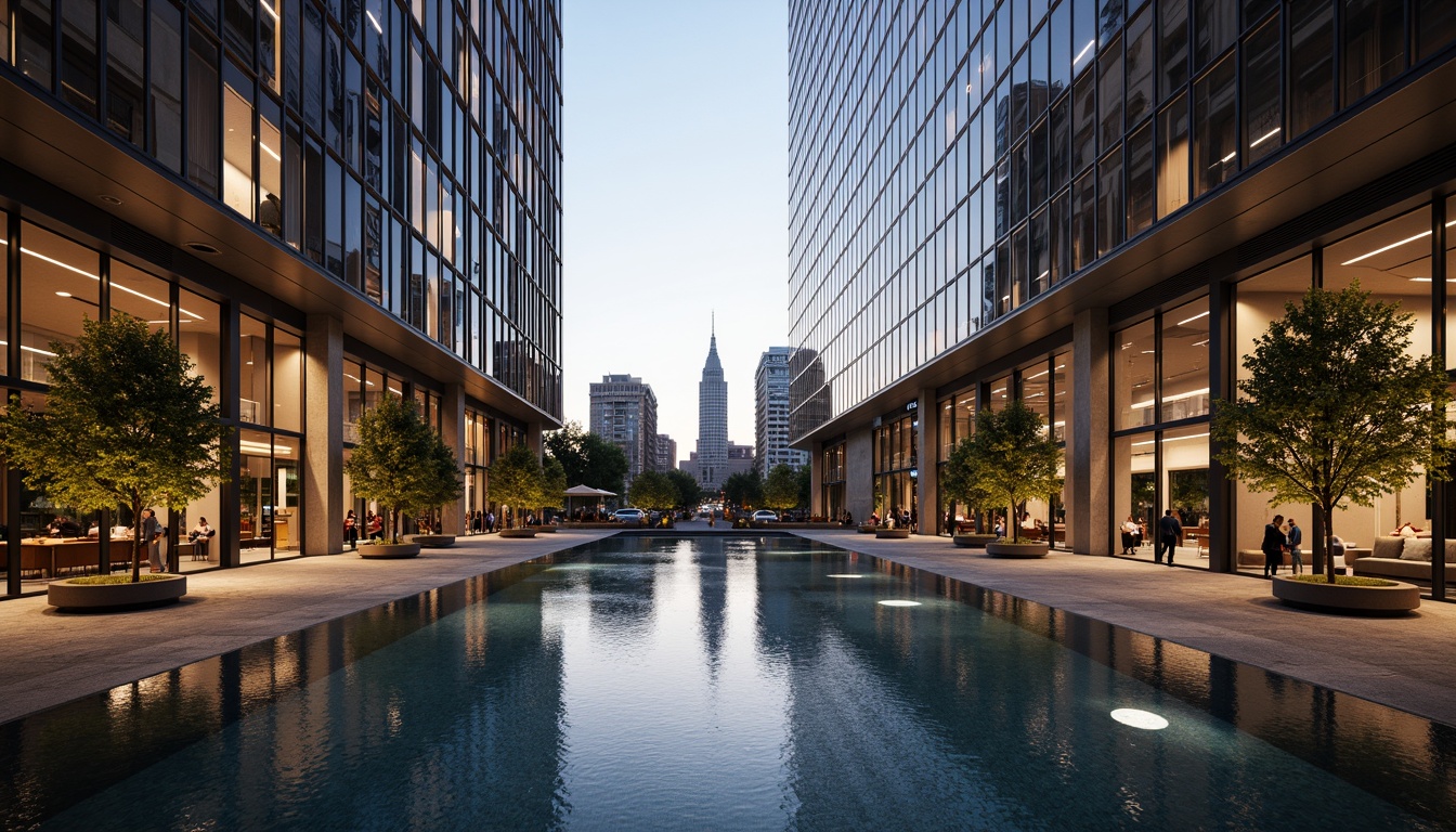 Prompt: Intricate glass facades, metallic surfaces, reflective pools, water features, dramatic lighting effects, angular building forms, minimalist interior design, sleek lines, modern urban landscape, cityscape at dusk, warm golden light, soft shadows, 1/2 composition, shallow depth of field, realistic materials, ambient occlusion.