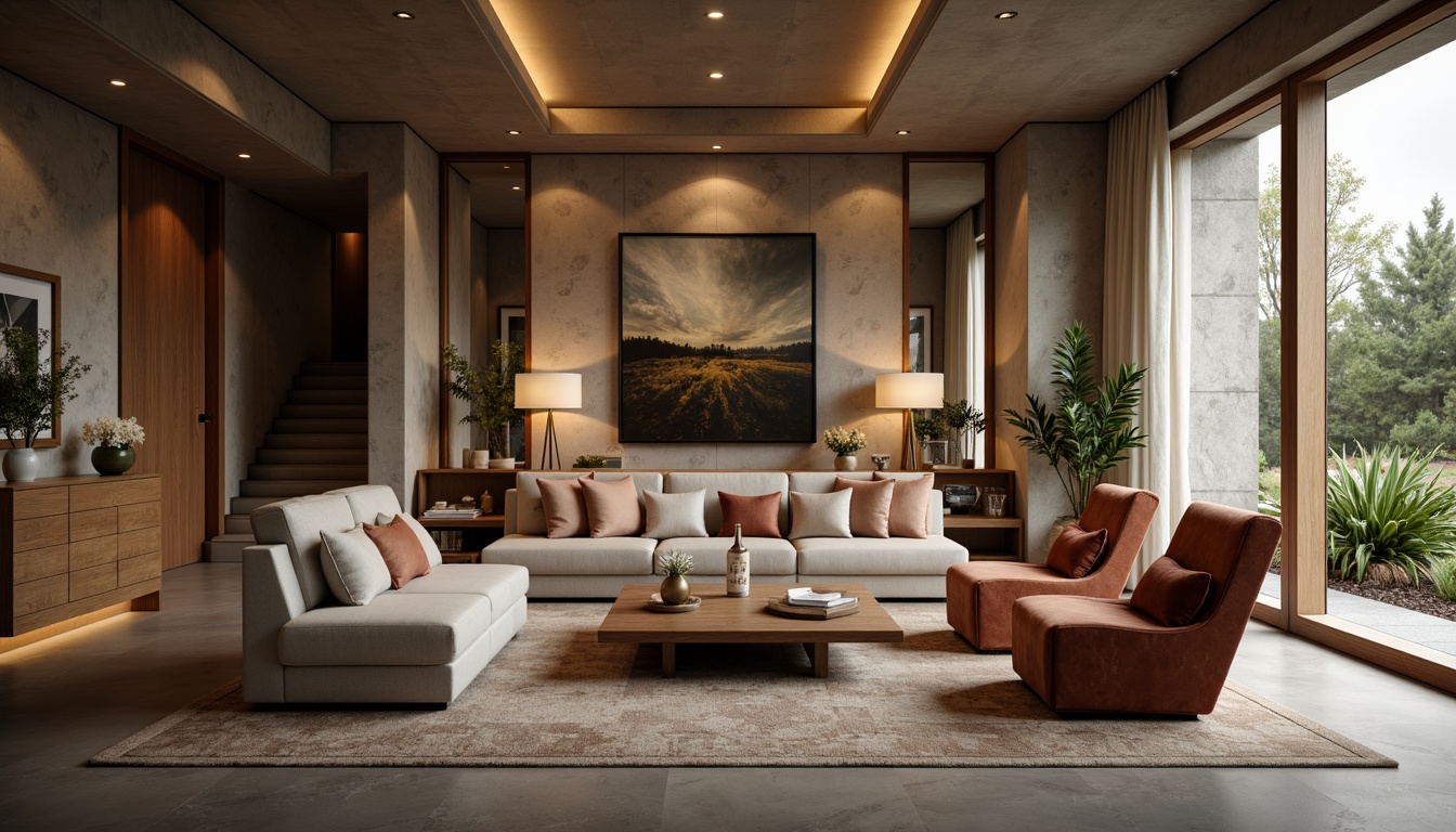 Prompt: Luxurious living room, plush sofas, velvet armchairs, wooden coffee tables, elegant lamps, comfortable cushions, soft carpet flooring, natural stone walls, floor-to-ceiling windows, modern minimalist decor, warm ambient lighting, cozy atmosphere, 1/1 composition, shallow depth of field, realistic textures, soft focus effect.