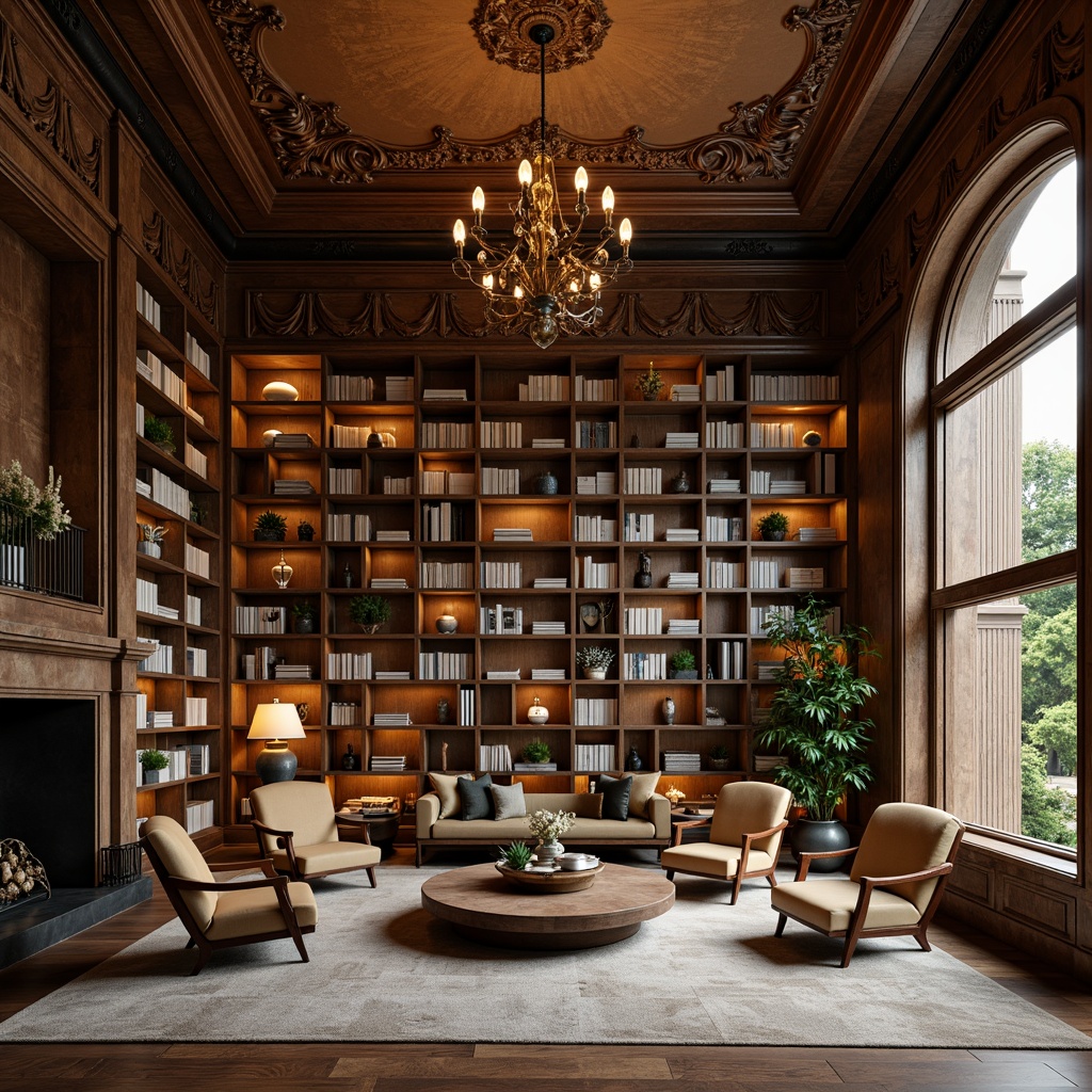 Prompt: Cozy reading nook, wooden bookshelves, comfortable armchairs, soft warm lighting, rich wood tones, earthy color palette, elegant chandeliers, classic architectural details, subtle texture patterns, intricate moldings, ornate ceiling designs, grand staircases, spacious open areas, natural stone floors, plush area rugs, modern minimalist furniture, floor-to-ceiling windows, abundance of greenery, soft background music, warm atmospheric ambiance, shallow depth of field, 1/2 composition, realistic textures, ambient occlusion.