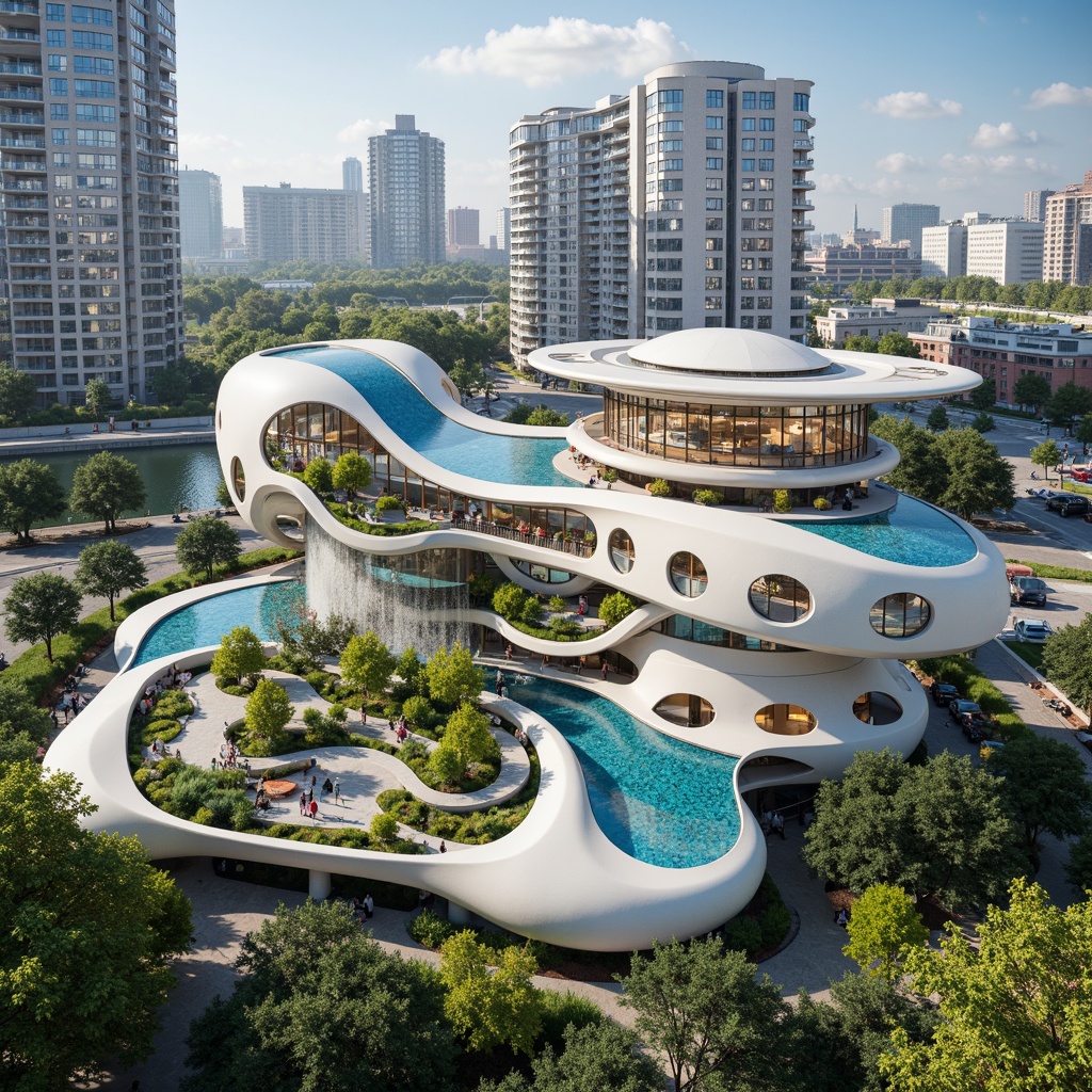 Prompt: Organic blob-like structures, futuristic curves, iridescent colors, translucent materials, adaptive shading systems, self-sustaining ecosystems, renewable energy harvesting, recycled water management, green roofs, living walls, biomimetic facades, curved lines, fluid shapes, natural ventilation systems, maximized daylight exposure, minimal material waste, low-carbon footprint, eco-friendly construction methods, futuristic urban planning, innovative transportation hubs, pedestrian-friendly spaces, dynamic public art installations, immersive virtual reality experiences, atmospheric misting effects.