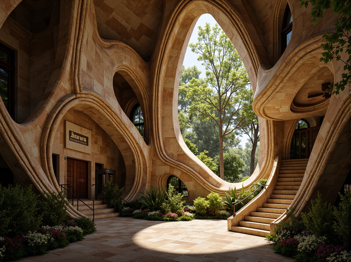 Prompt: Undulating church facade, flowing curves, natural stone walls, stained glass windows, ornate wooden doors, vaulted ceilings, intricate arches, organic forms, botanical motifs, lush greenery, serene atmosphere, soft warm lighting, dramatic shadows, high-angle shot, 1/2 composition, cinematic perspective, realistic textures, ambient occlusion.