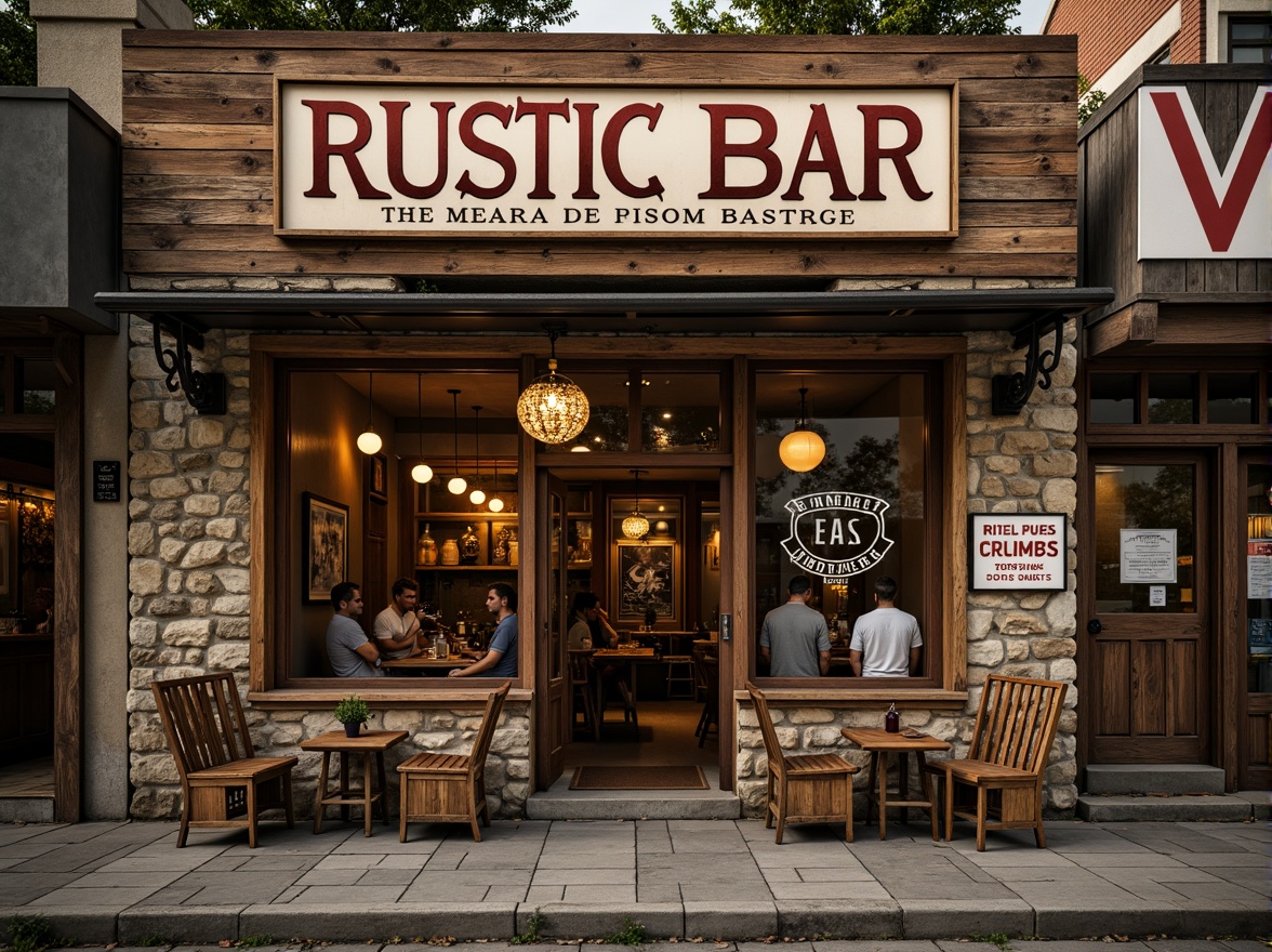 Prompt: Rustic bar regionalism architecture, weathered wooden facades, rough-hewn stone walls, earthy color palette, distressed metal accents, vintage signage, worn brick textures, faded advertisement murals, ornate ironwork details, warm golden lighting, shallow depth of field, 1/2 composition, realistic rendering, ambient occlusion, dusty atmosphere, nostalgic ambiance.