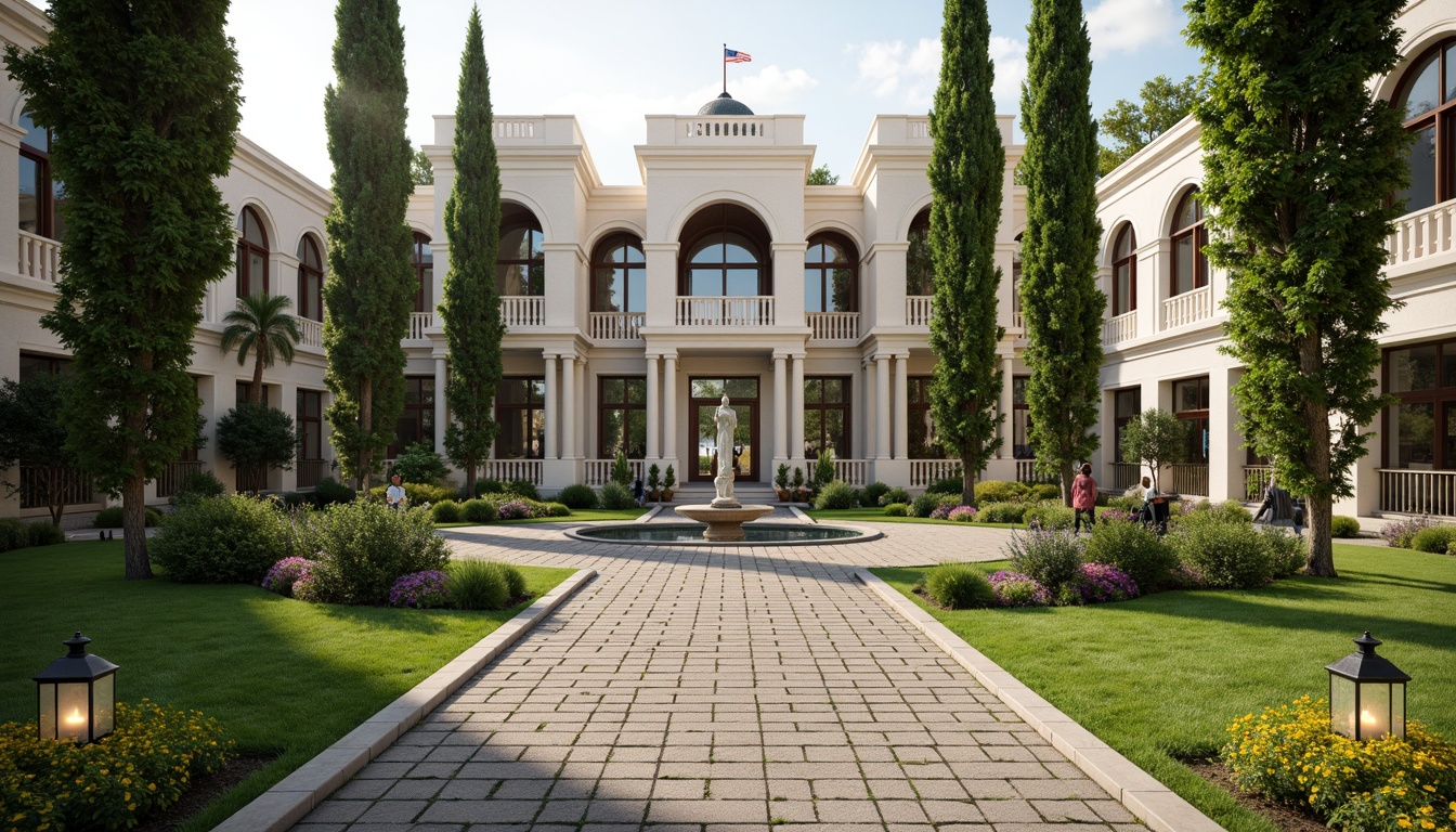 Prompt: Manicured lawns, ornate fountains, majestic statues, symmetrical pathways, decorative lanterns, neoclassical architecture, columns, arches, grand entrance, elegant water features, lush greenery, vibrant flowers, tranquil atmosphere, soft natural lighting, 1/1 composition, shallow depth of field, warm color palette, realistic textures, ambient occlusion.