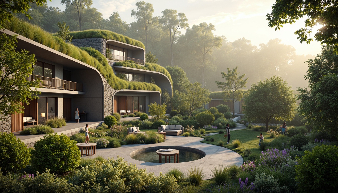 Prompt: Vibrant green roofs, lush vegetation, living walls, natural stone fa\u00e7ades, curved lines, organic architecture, spacious art galleries, high ceilings, large windows, soft diffused lighting, minimalist interior design, polished concrete floors, reclaimed wood accents, eco-friendly materials, sustainable building practices, serene atmosphere, peaceful ambiance, surrounding forest views, misty mornings, warm golden light, shallow depth of field, 2/3 composition, cinematic perspective.