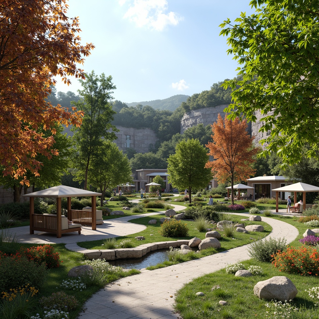 Prompt: Harmonious landscape integration, lush greenery, meandering pathways, serene water features, vibrant blooming flowers, natural stone walls, wooden benches, scenic overlooks, gentle slopes, eclectic outdoor furniture, warm sunny day, soft diffused lighting, shallow depth of field, 2/3 composition, panoramic view, realistic textures, ambient occlusion.