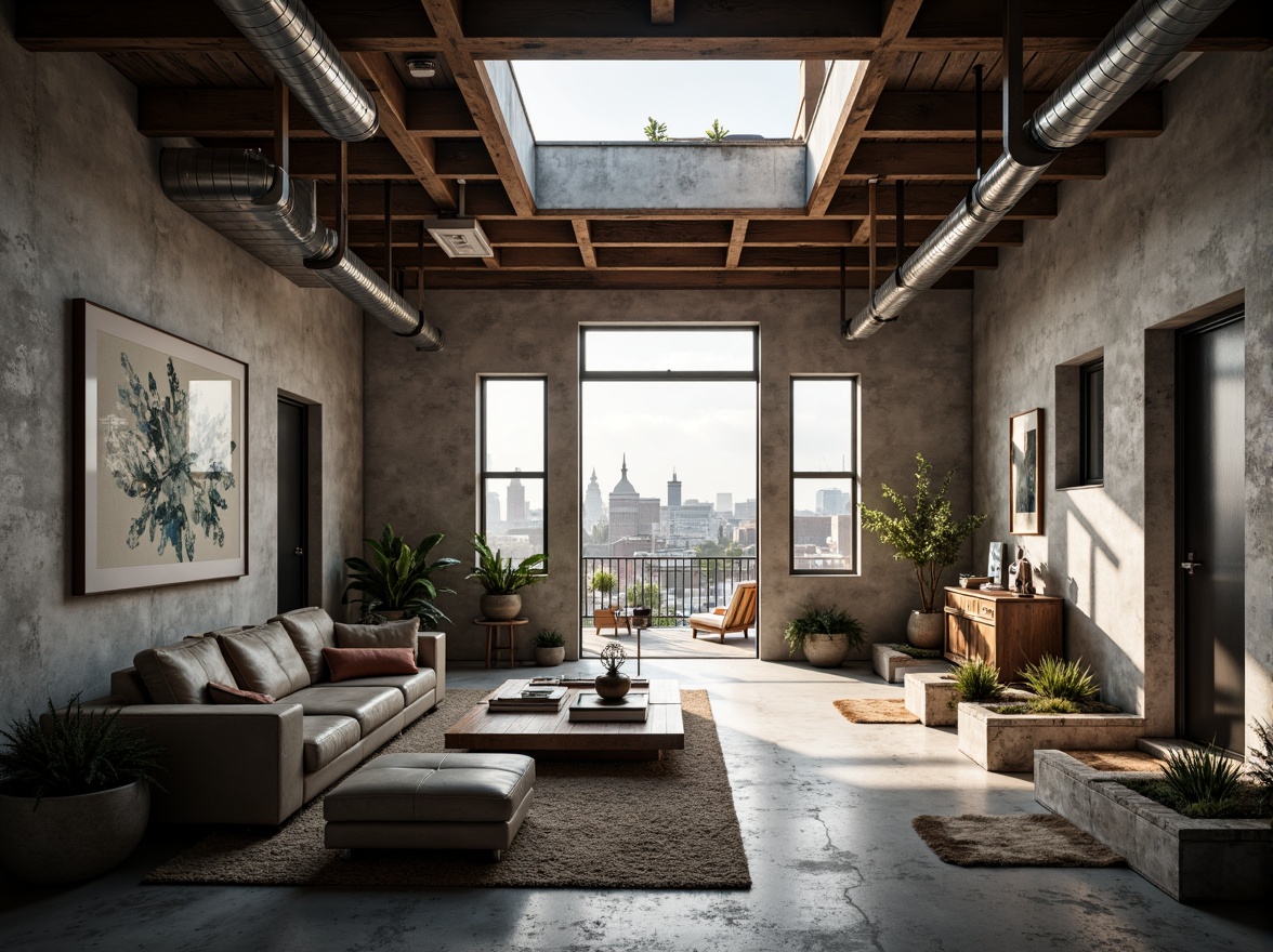 Prompt: Deconstructed residential space, fragmented walls, irregular shapes, industrial materials, exposed ductwork, concrete floors, metal beams, reclaimed wood accents, minimalist decor, abstract artwork, natural light pouring through large skylights, urban cityscape views, moody atmospheric lighting, shallow depth of field, 1/2 composition, realistic textures, ambient occlusion.